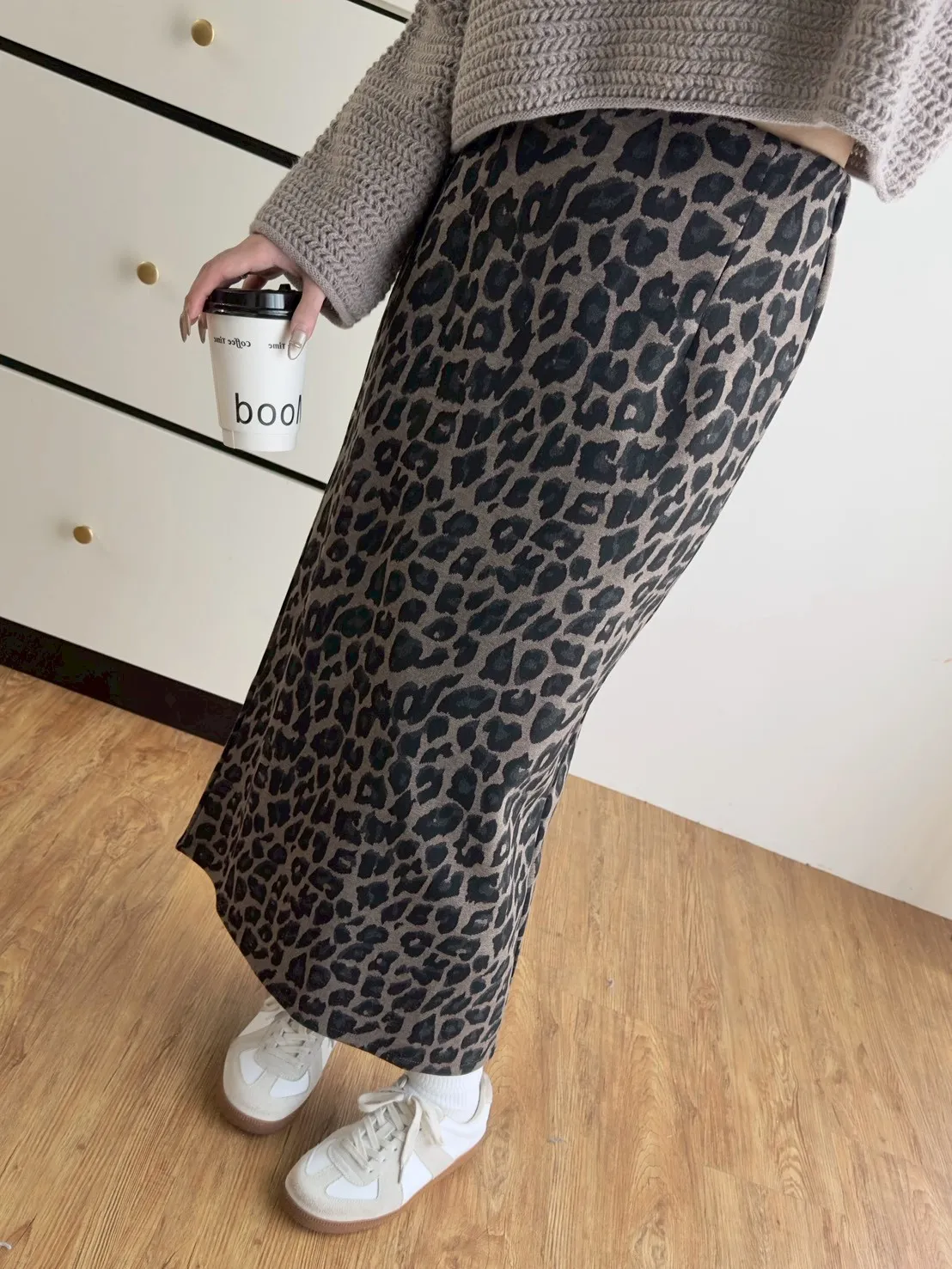 秋冬豹紋後開衩A字長裙