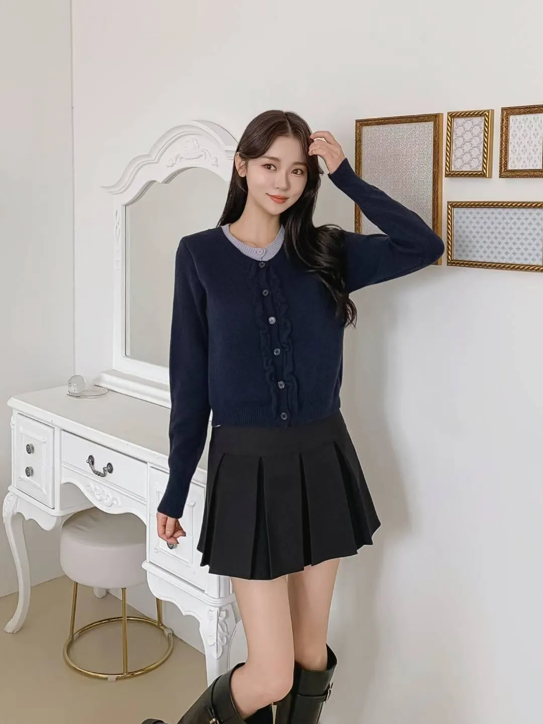 正韓假兩件木耳邊針織上衣