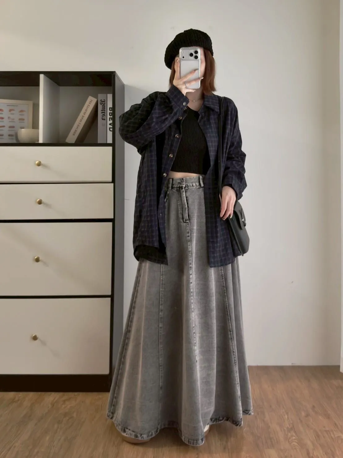 後抽繩雙色格子襯衫