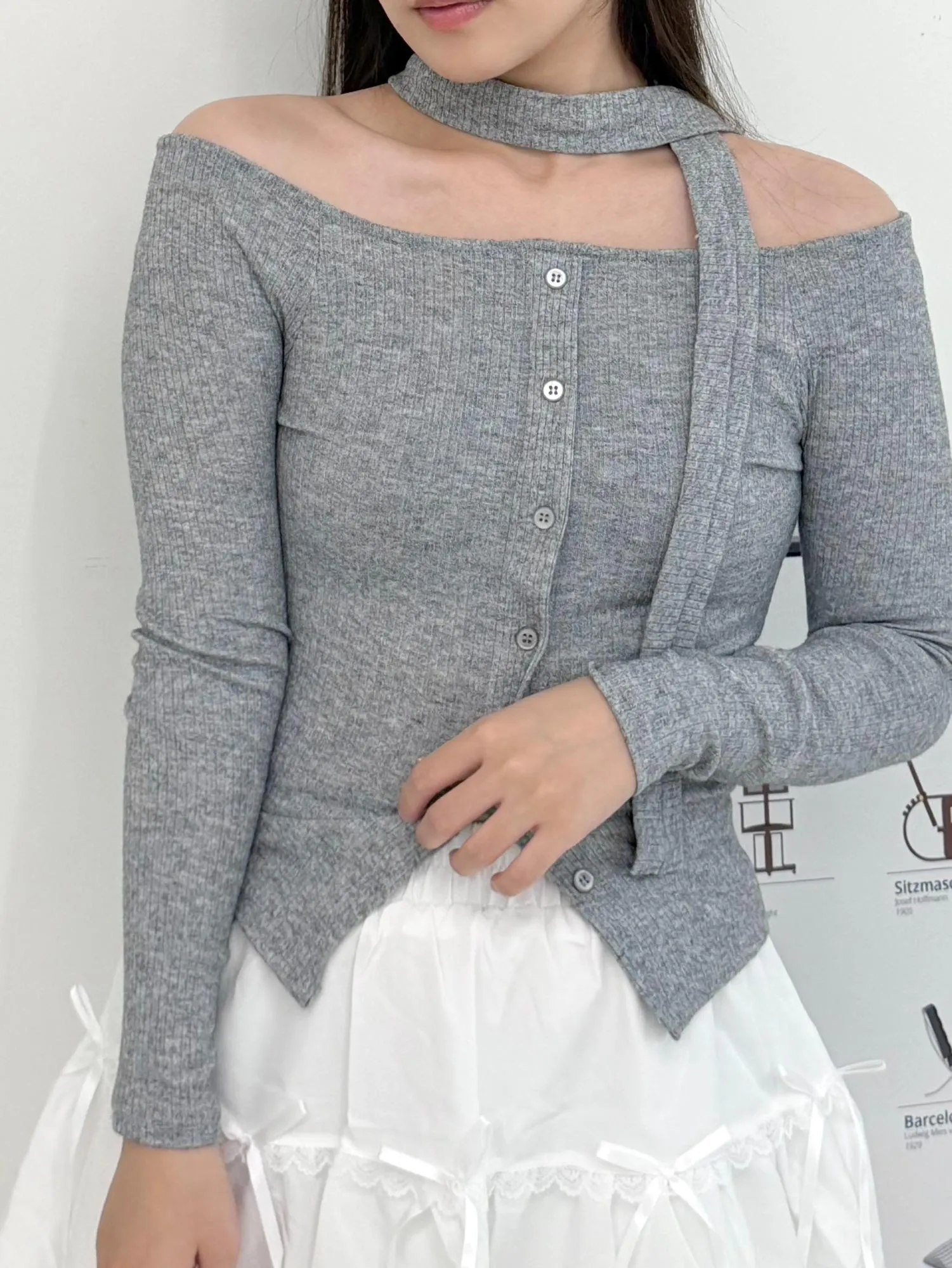 正韓平口附圍巾針織排扣套裝