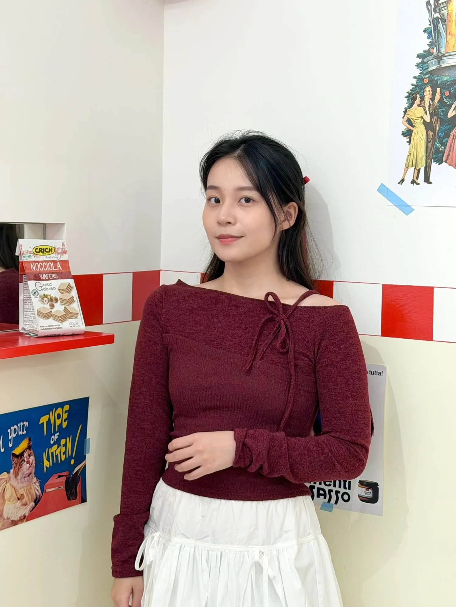 正韓露肩針織假兩件上衣