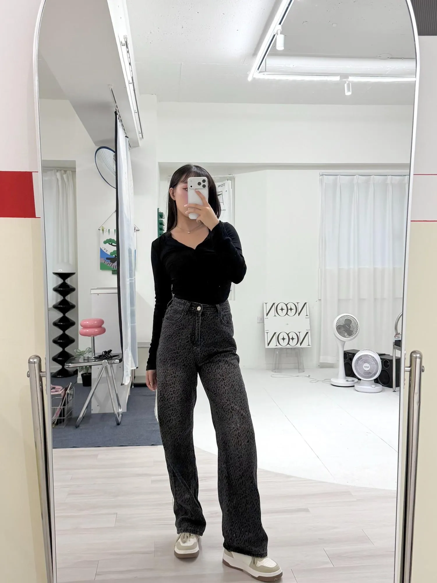 低調黑灰豹紋直筒褲