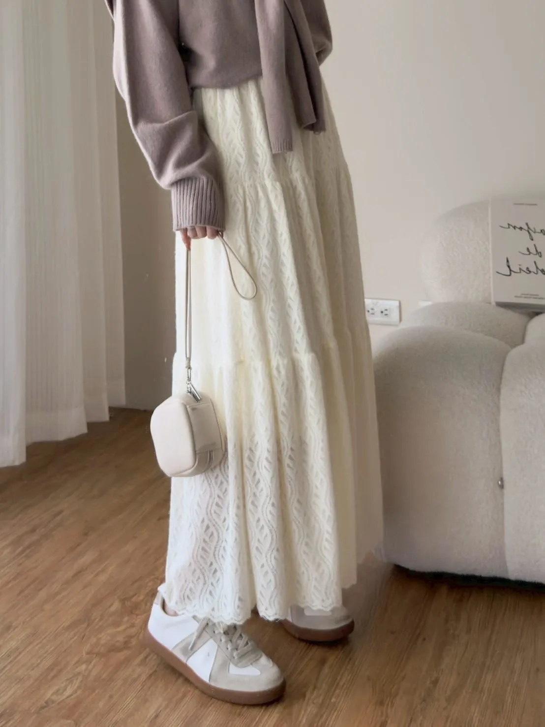 加絨蕾絲蛋糕長裙