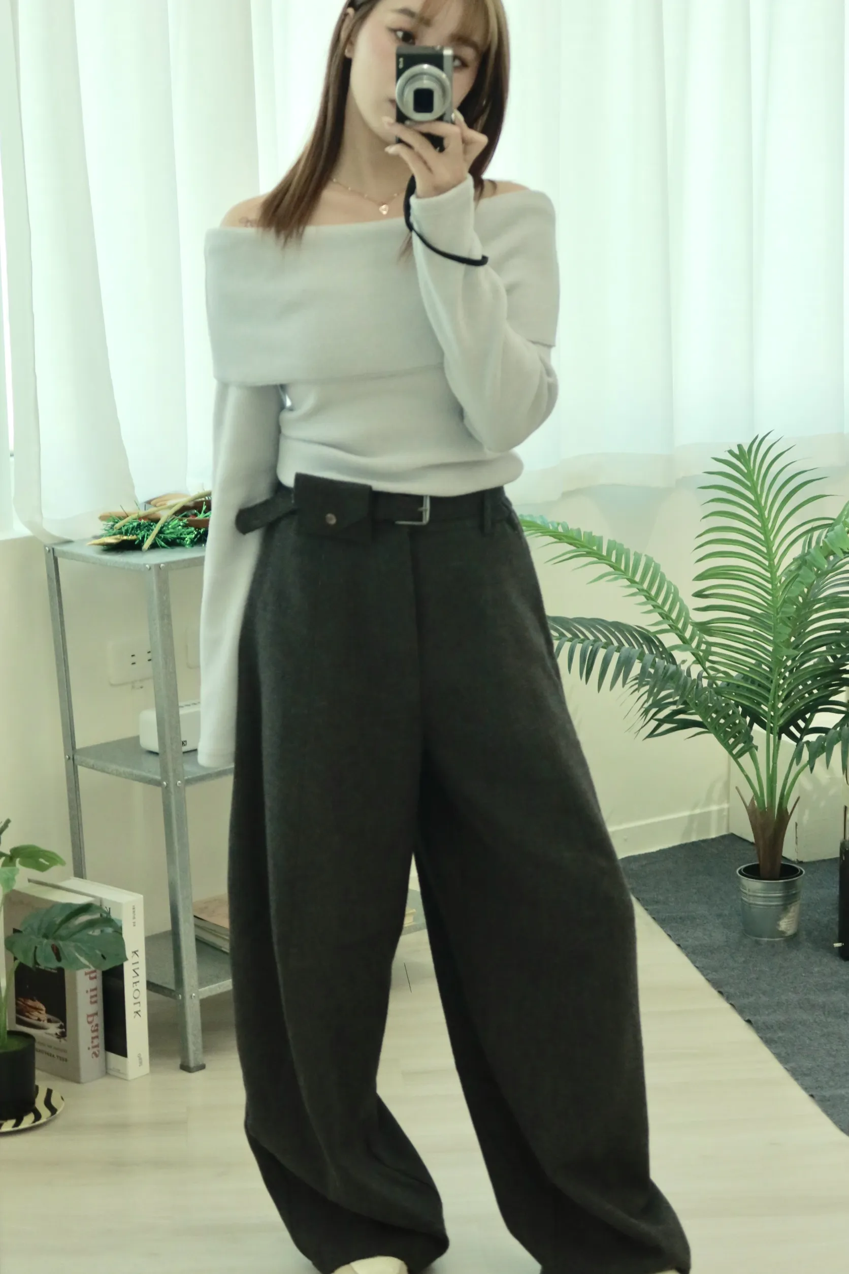 毛呢彎刀闊腿西裝褲（附腰帶）