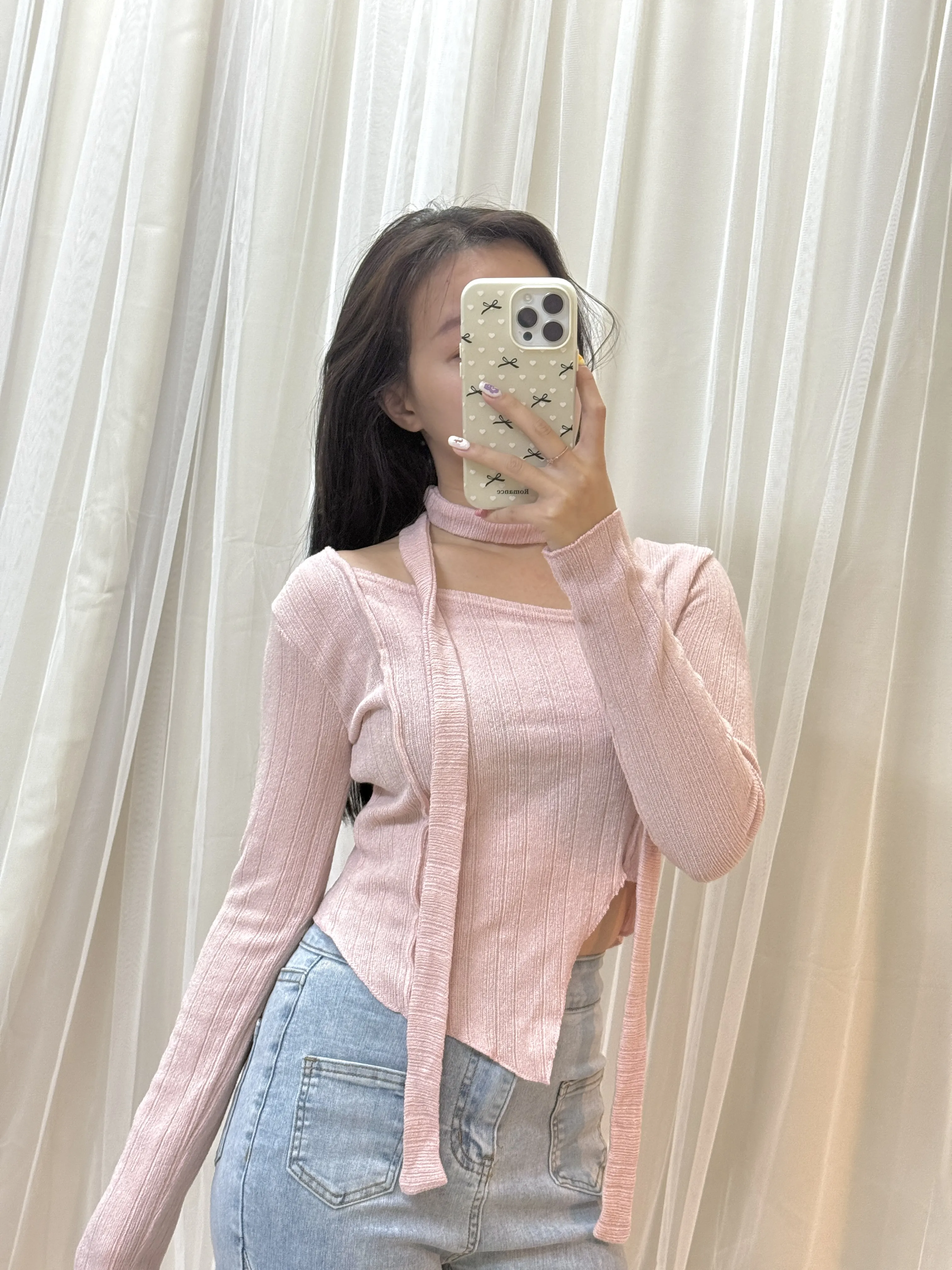 正韓-氣質溫柔掛脖不規則下擺上衣