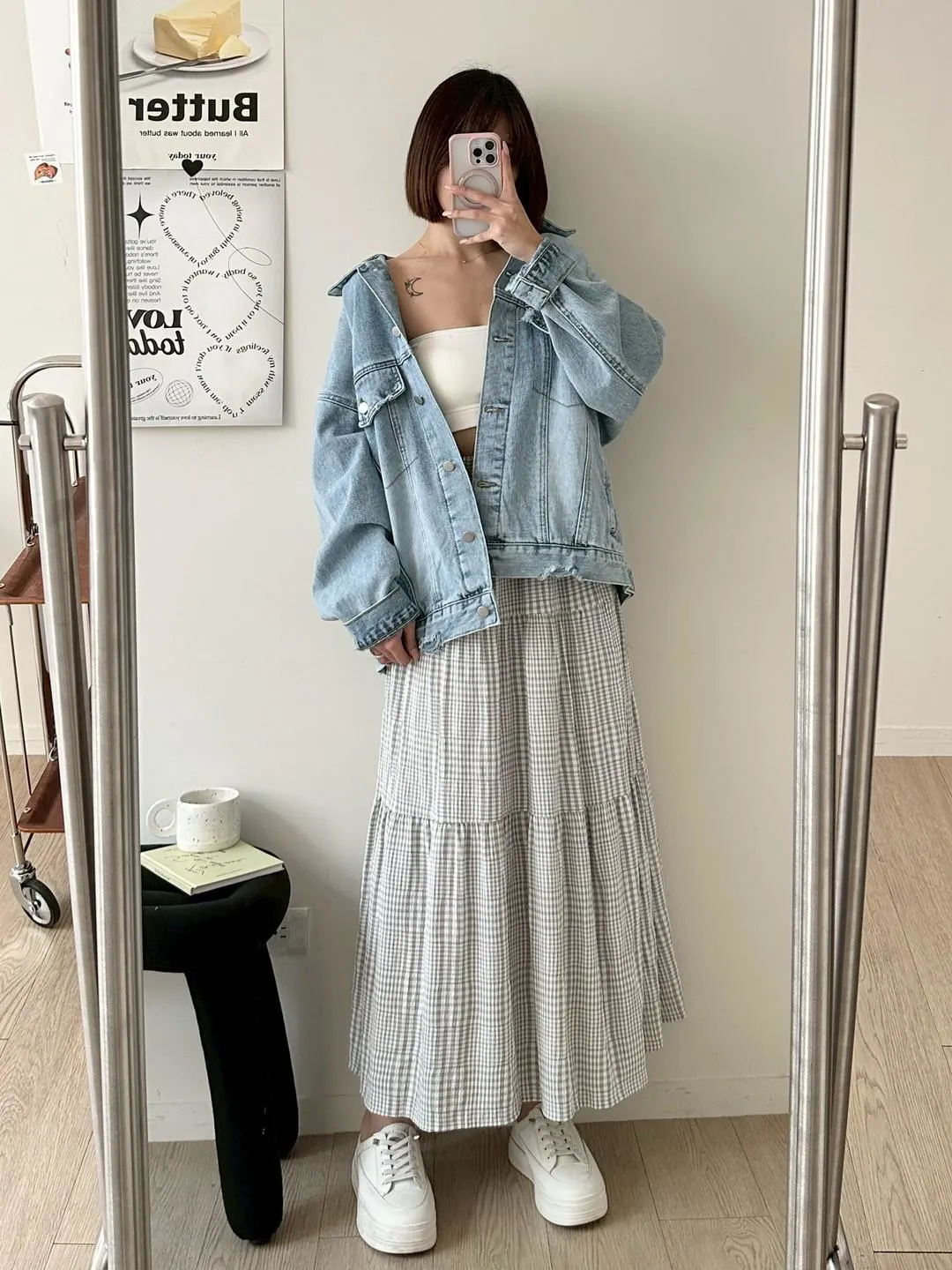 韓風早春款細格蛋糕長裙