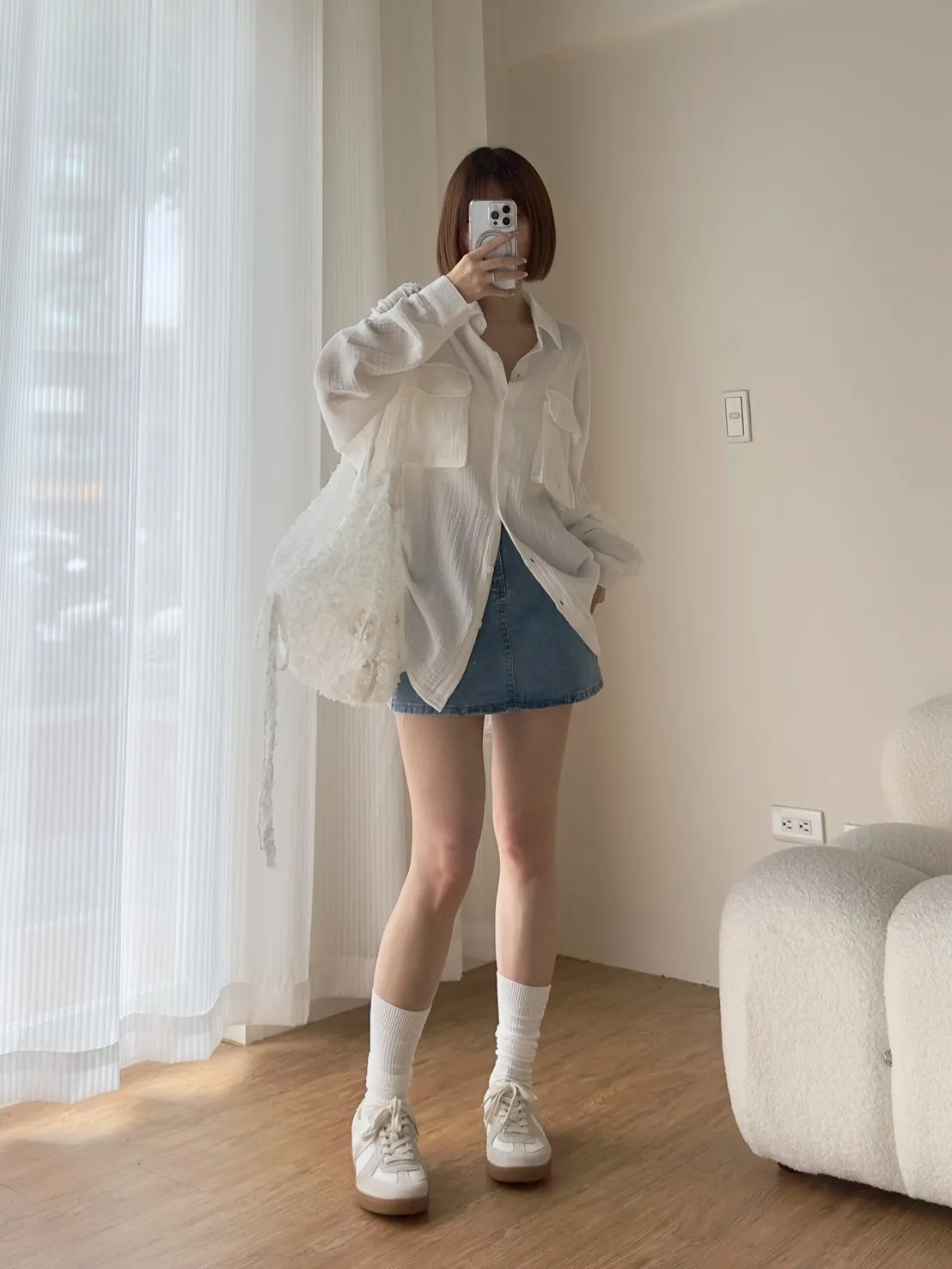 立體雙口袋大版棉麻襯衫