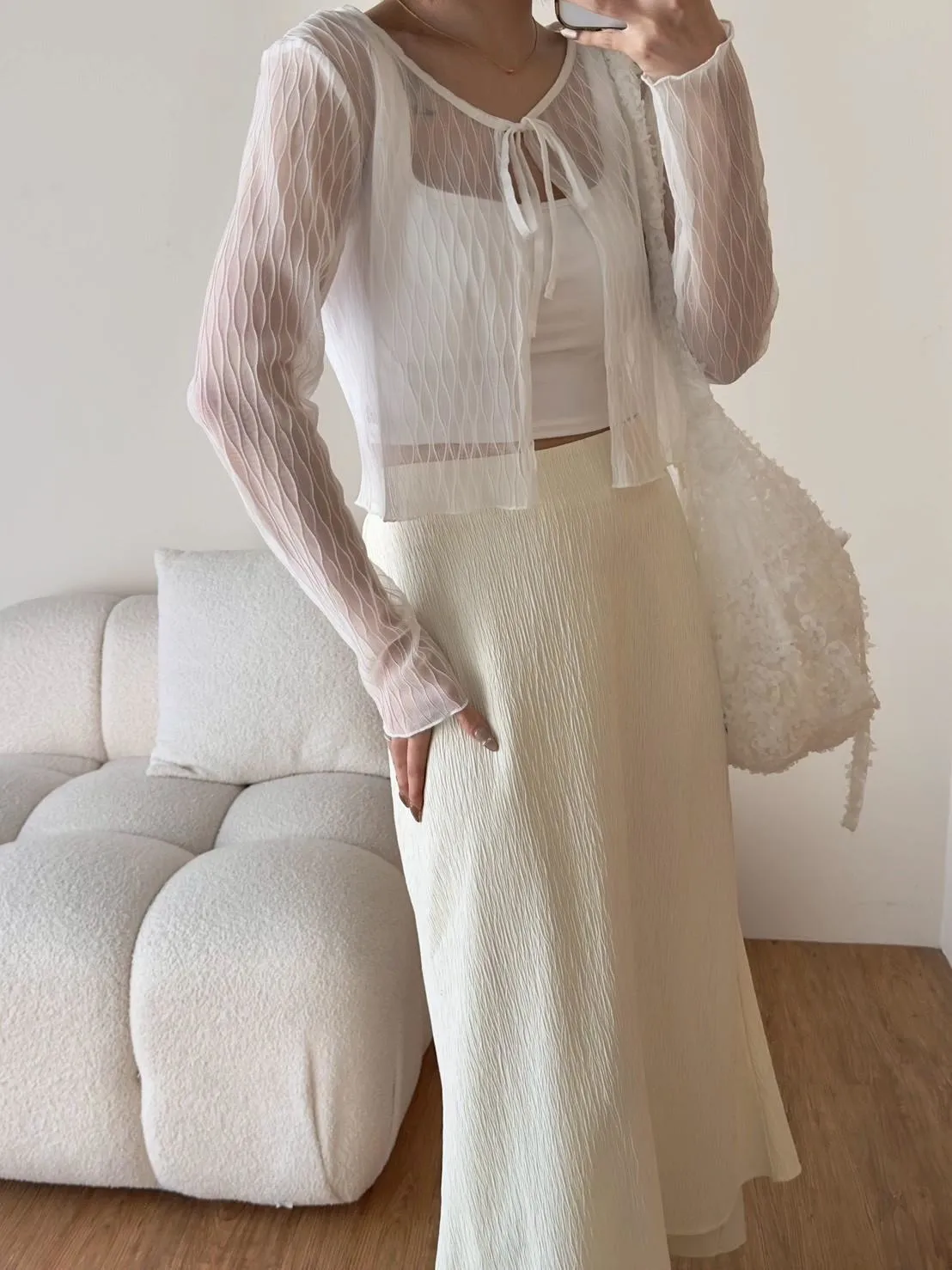 菱格紋波浪蕾絲前綁帶外套