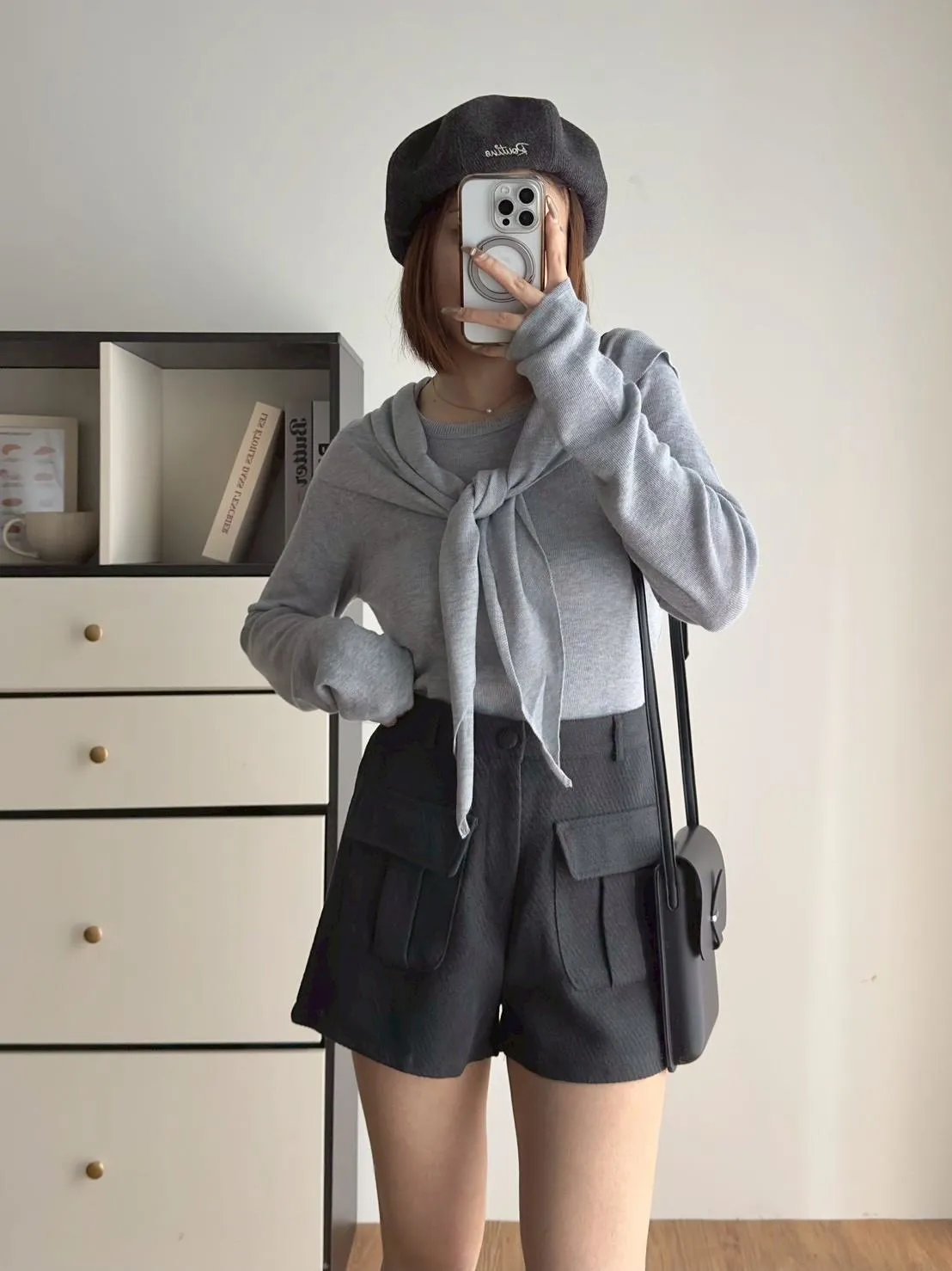 包釦立體口袋毛料短褲