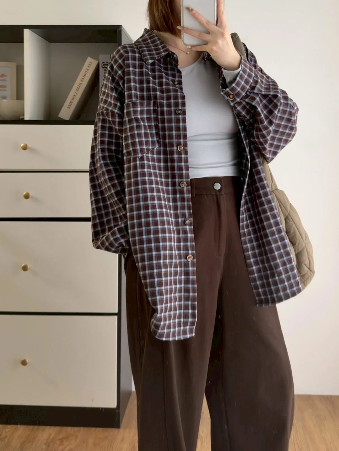 後抽繩雙色格子襯衫