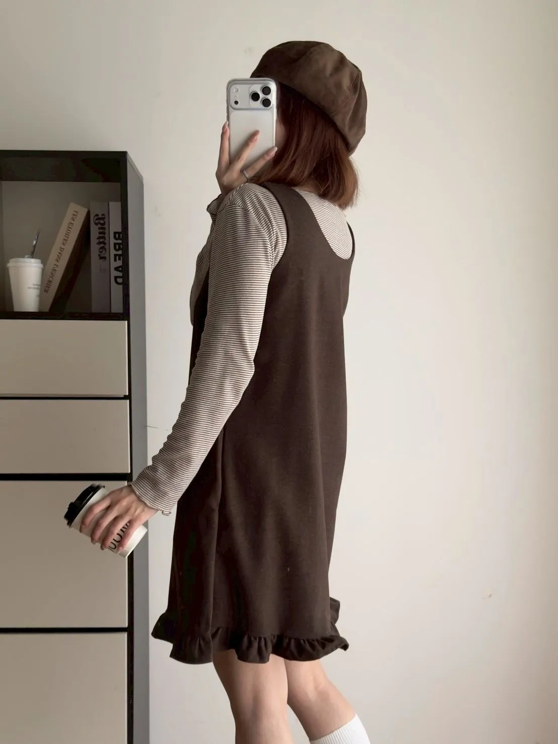 細格內搭➕毛呢下荷葉背心短洋