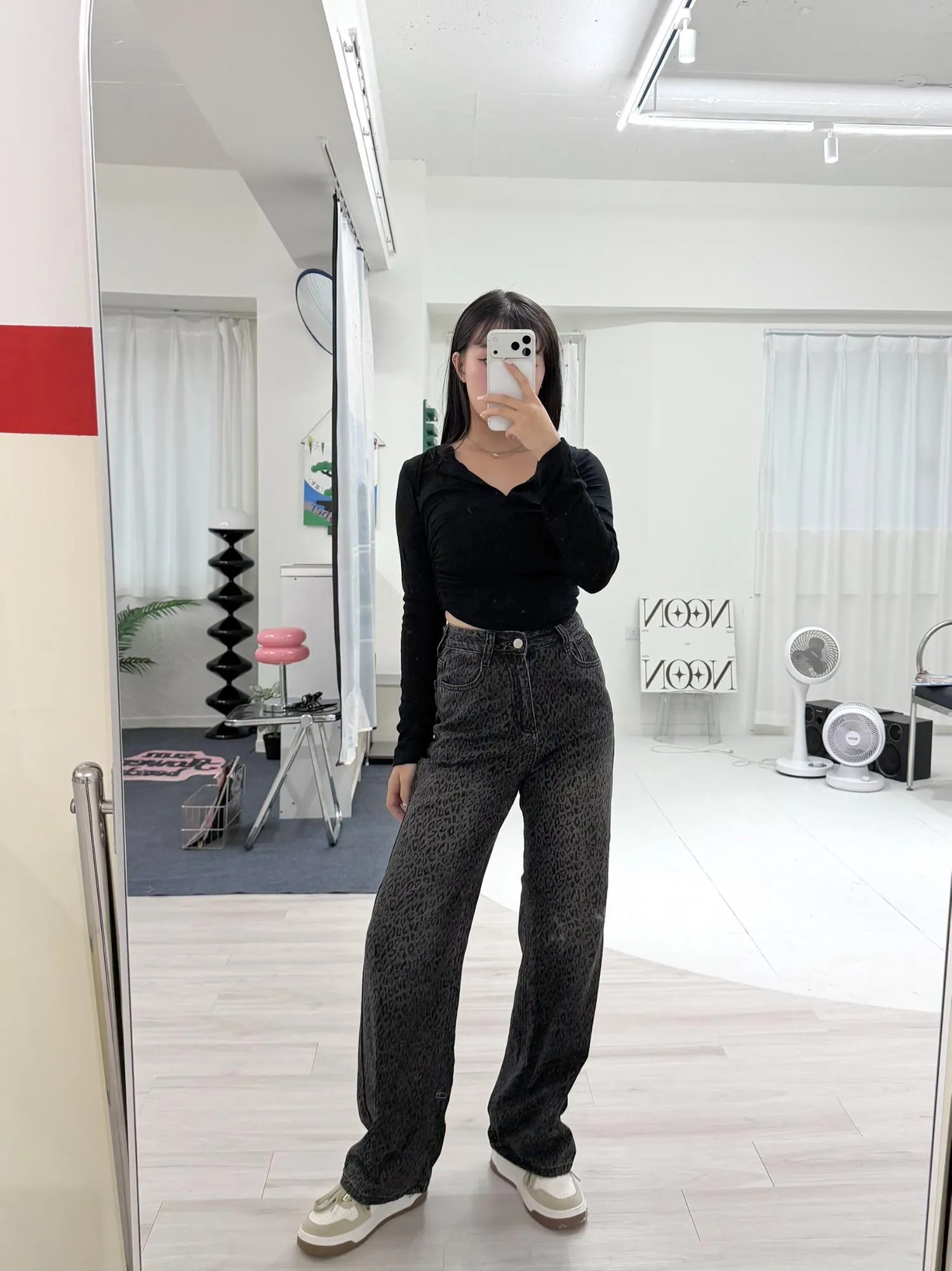 低調黑灰豹紋直筒褲