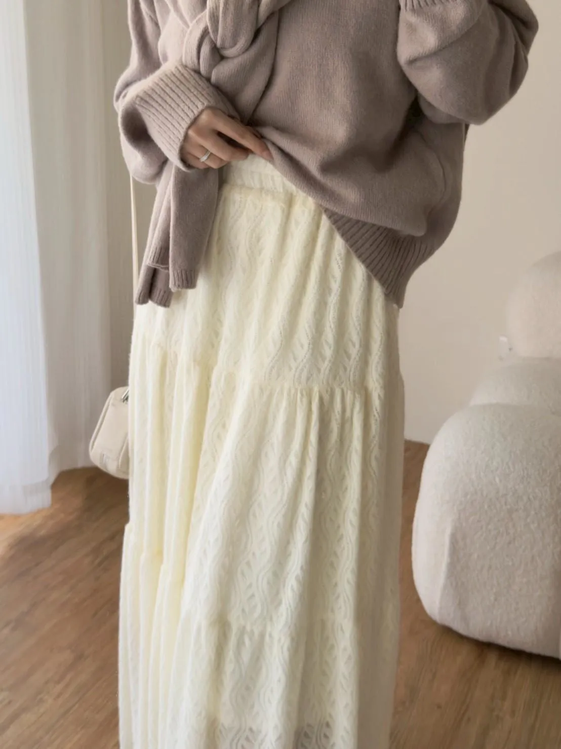 加絨蕾絲蛋糕長裙