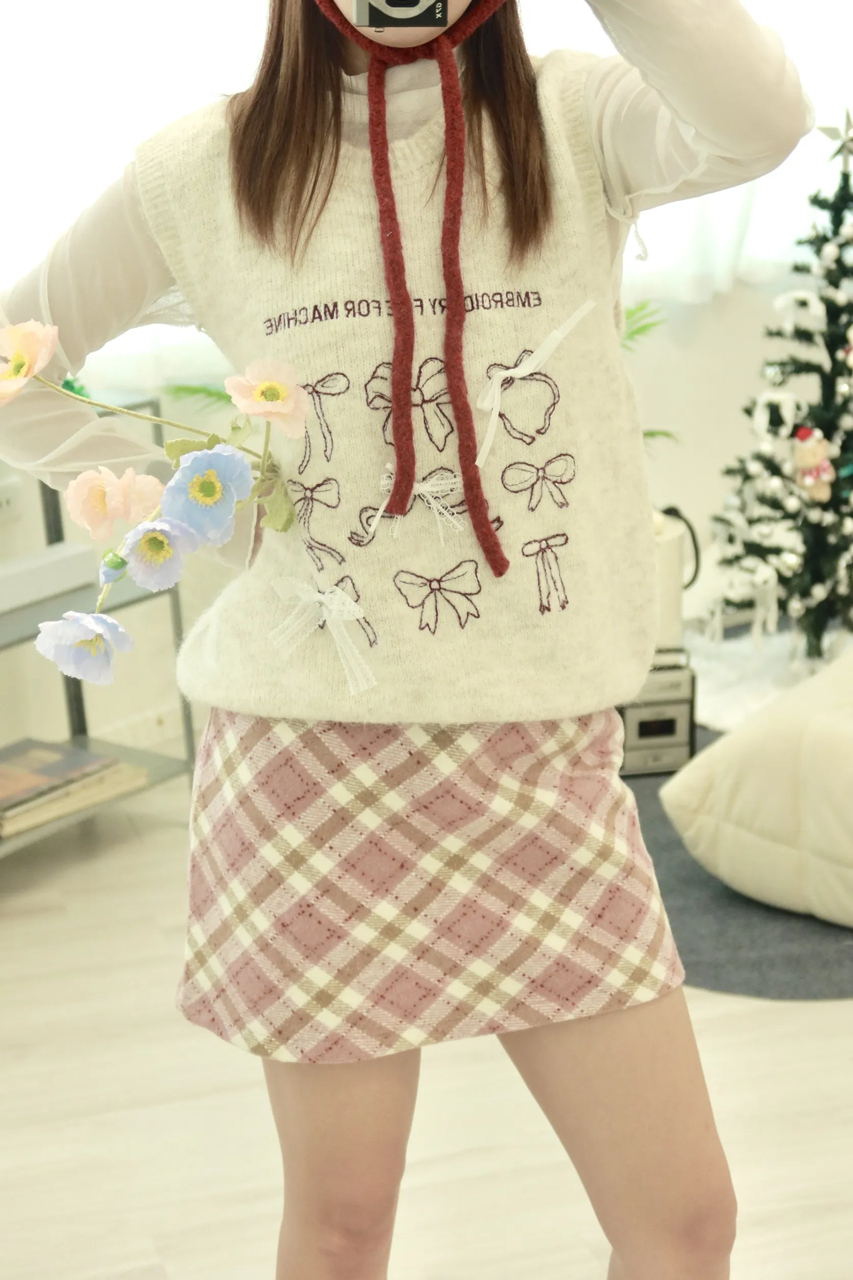 粉色甜辣毛呢格紋半身裙