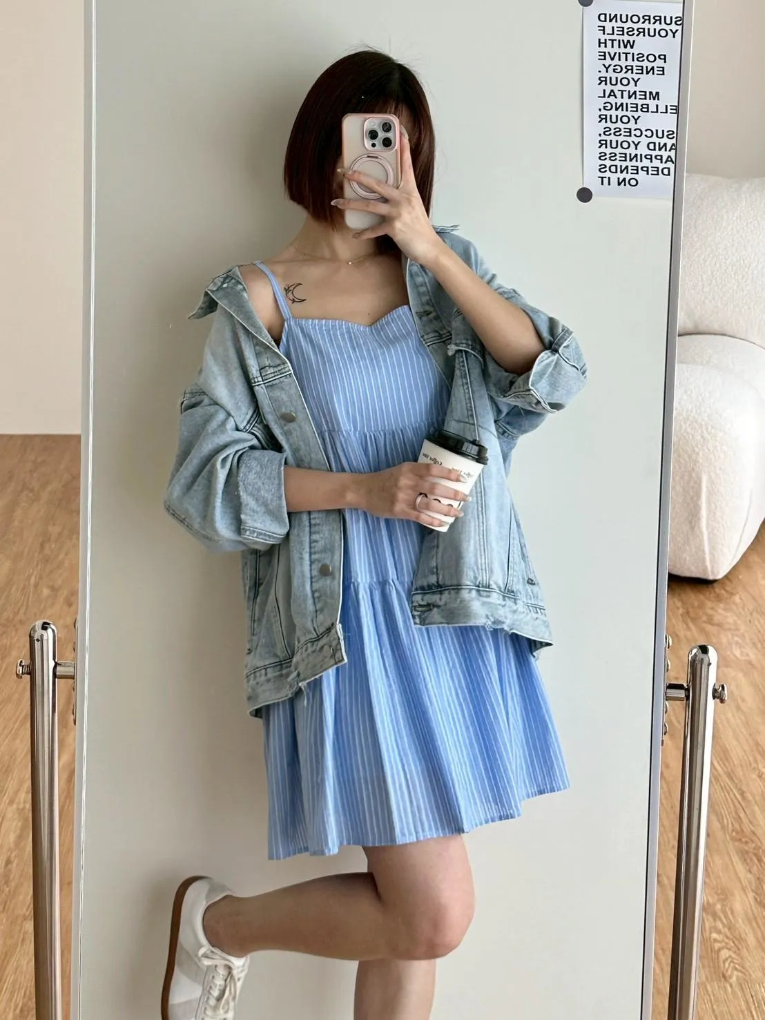 超美雙色直條短洋裝