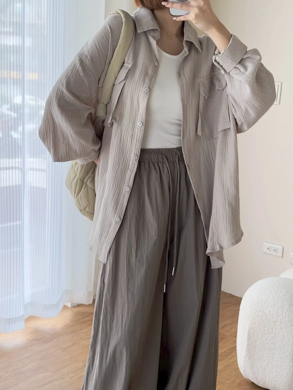 立體雙口袋大版棉麻襯衫