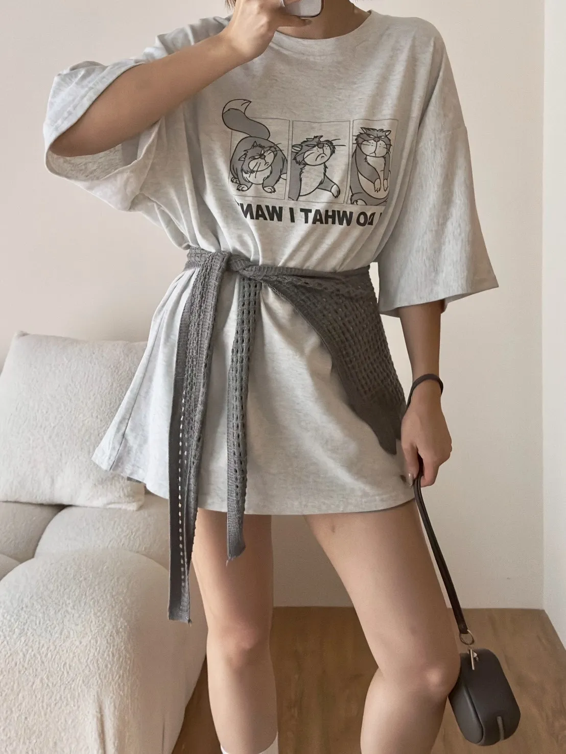 磨毛三格貓大T上衣