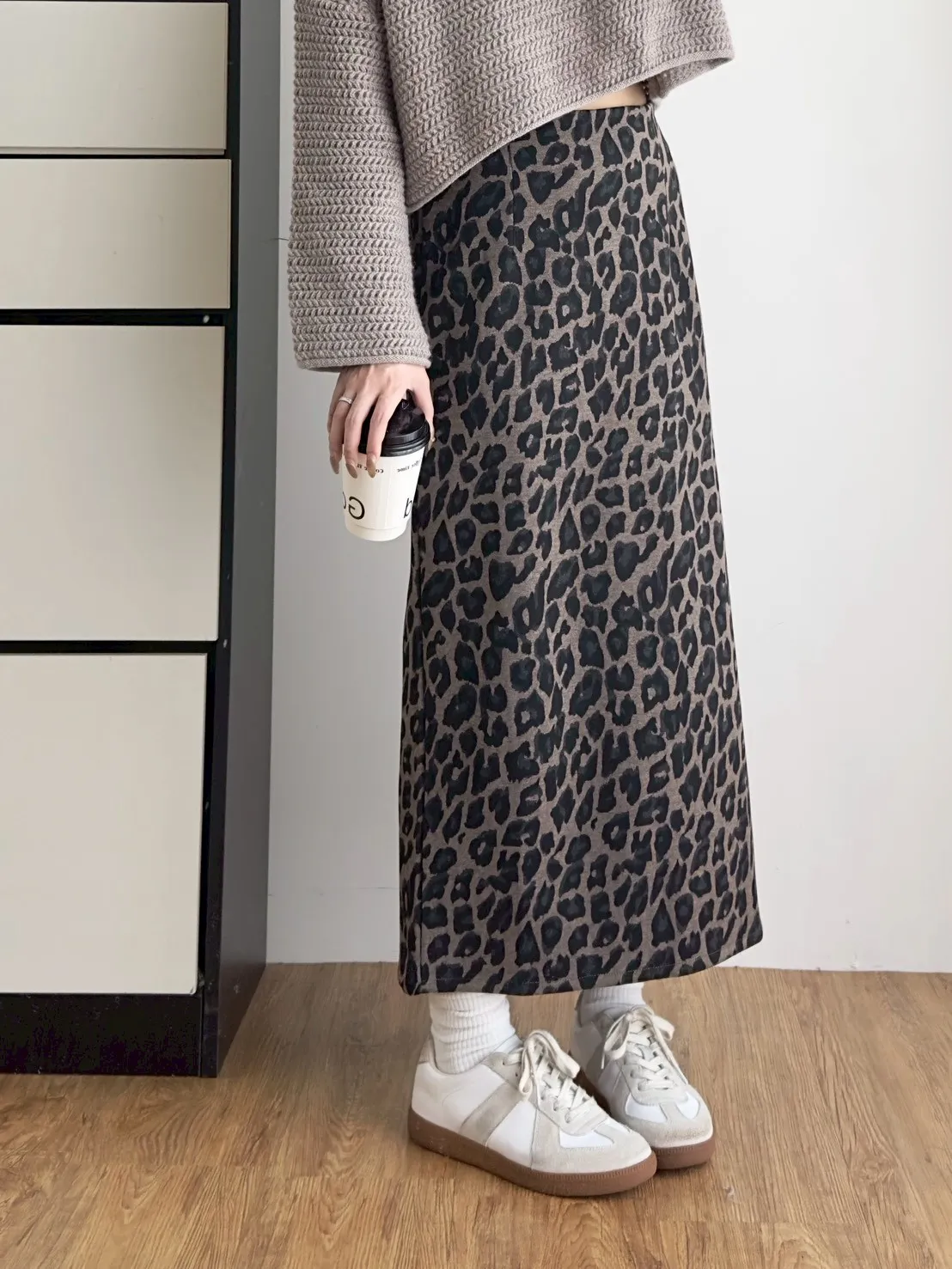 秋冬豹紋後開衩A字長裙