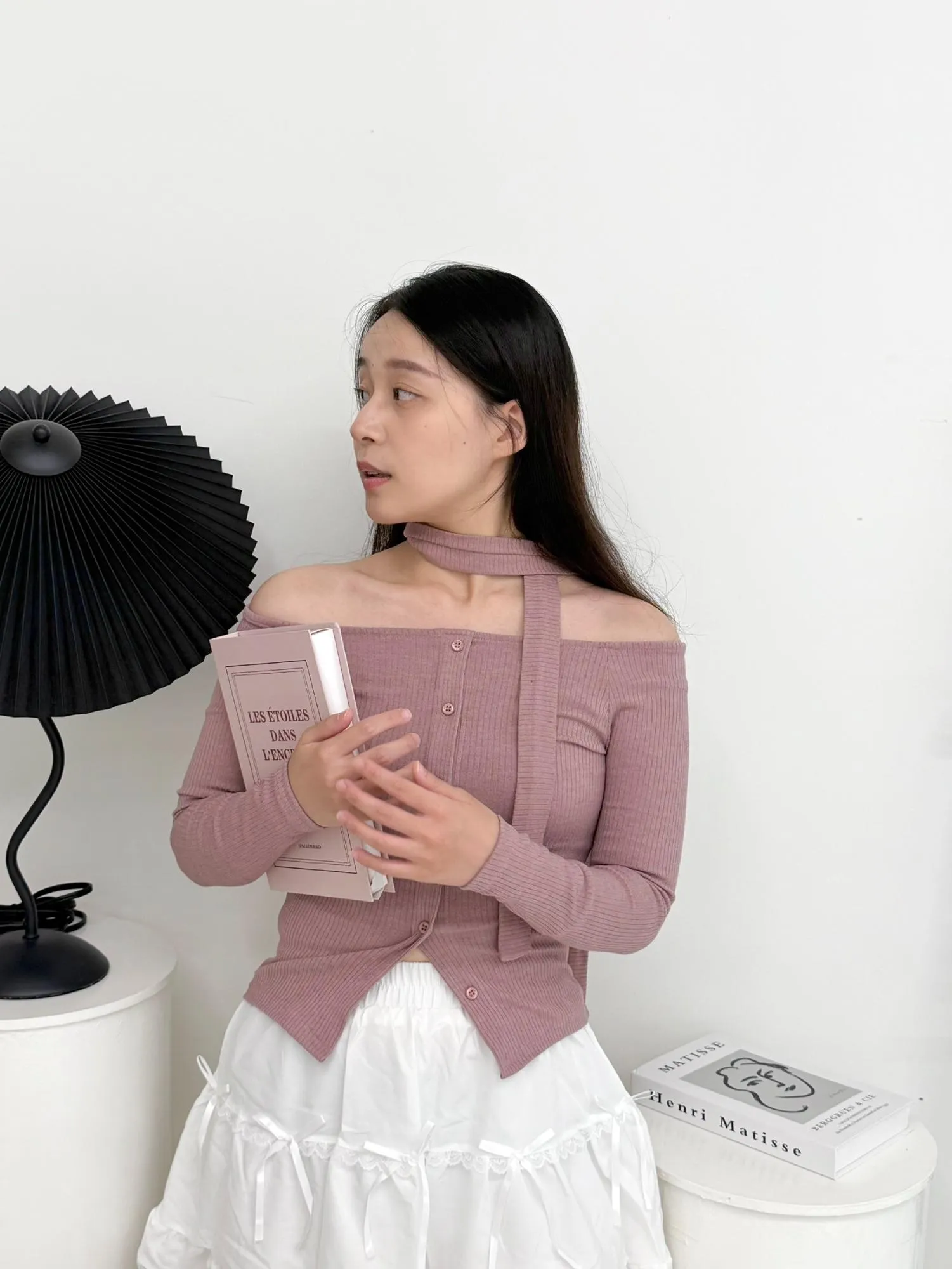 正韓平口附圍巾針織排扣套裝