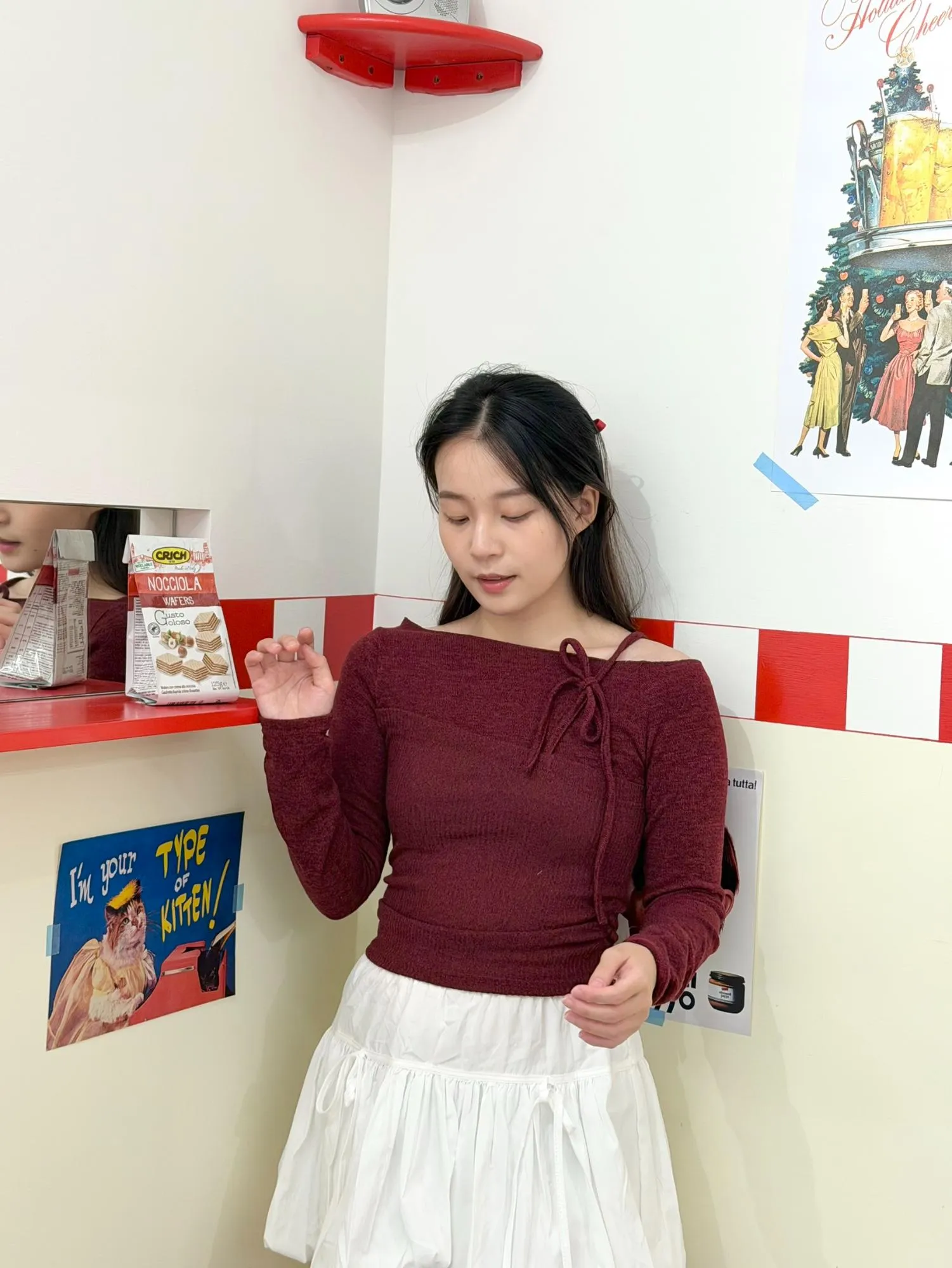 正韓露肩針織假兩件上衣