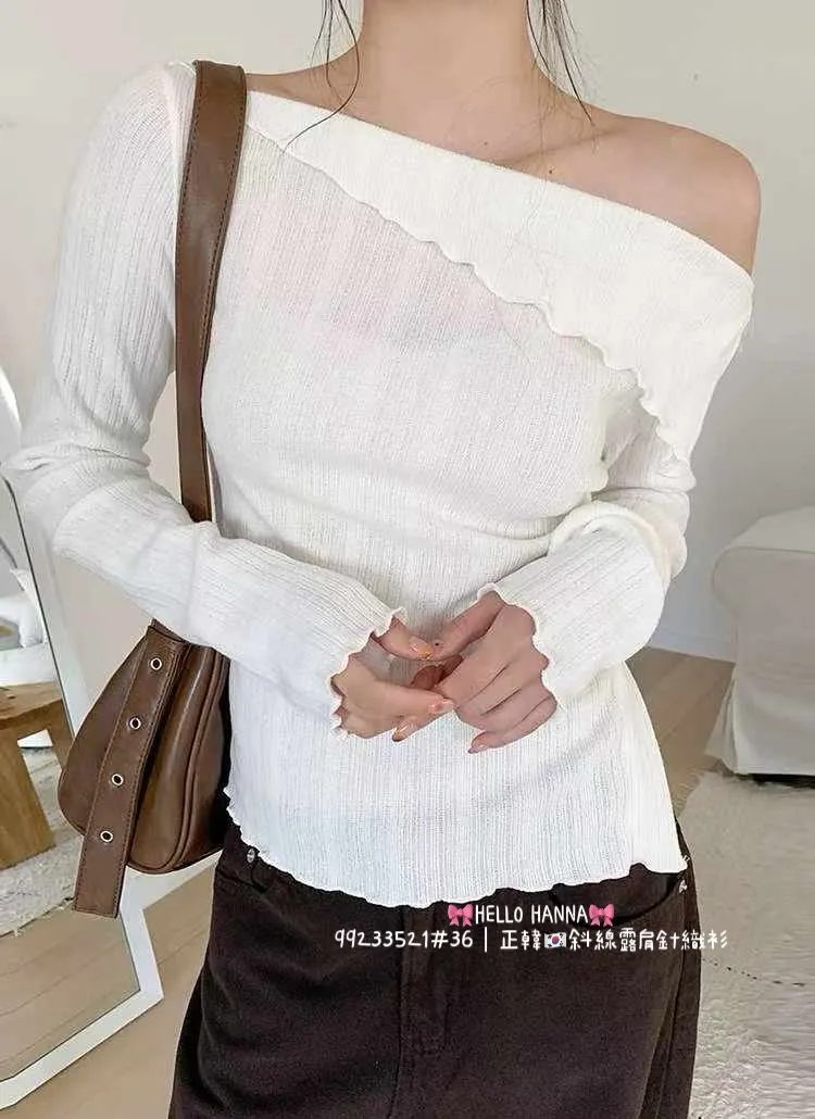正韓斜線露肩針織衫