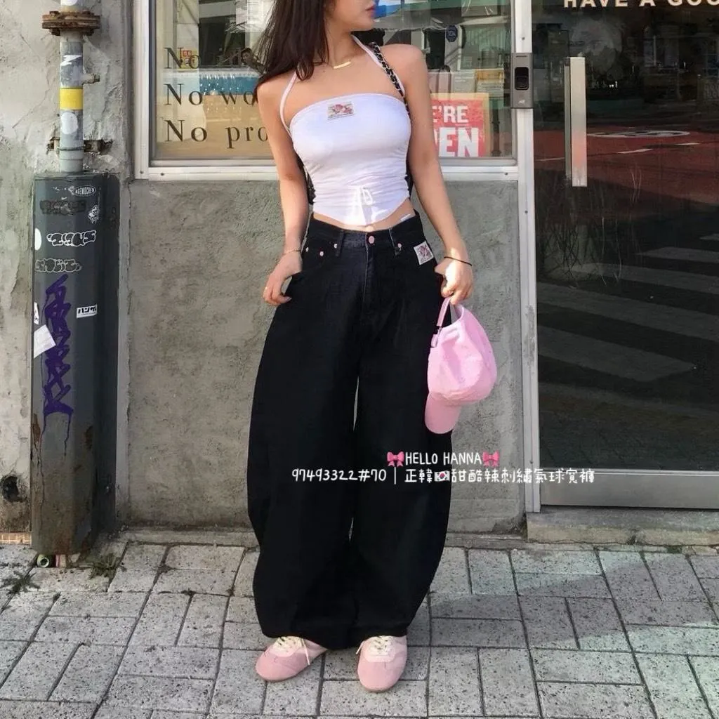 正韓甜酷辣刺繡氣球寬褲