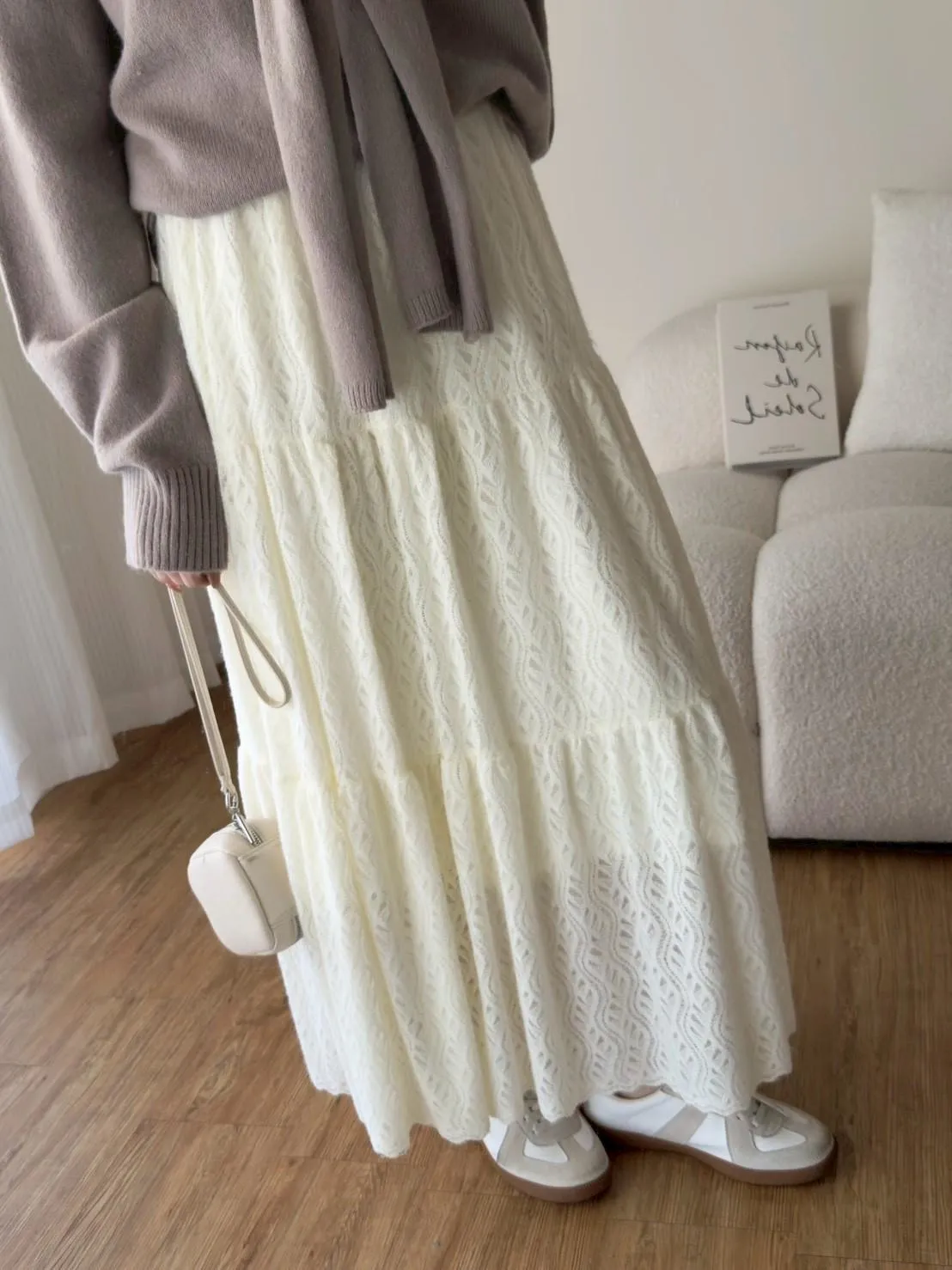 加絨蕾絲蛋糕長裙