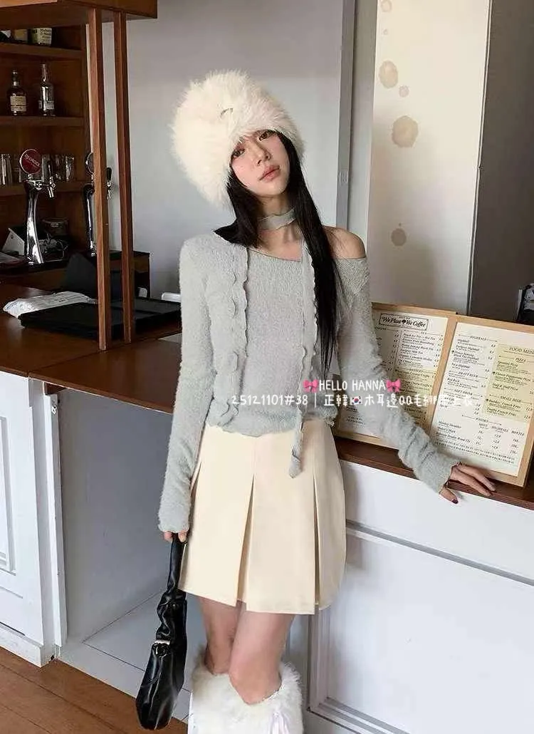 正韓木耳邊QQ毛綁帶上衣