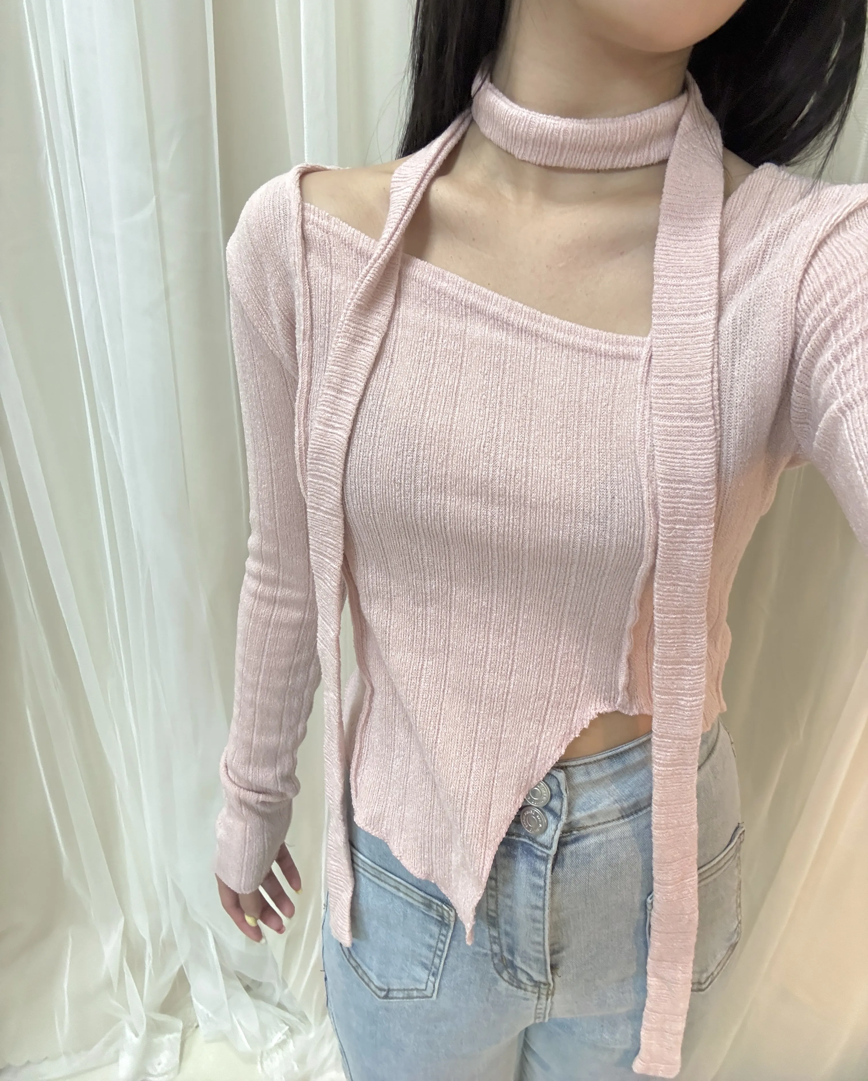 正韓-氣質溫柔掛脖不規則下擺上衣