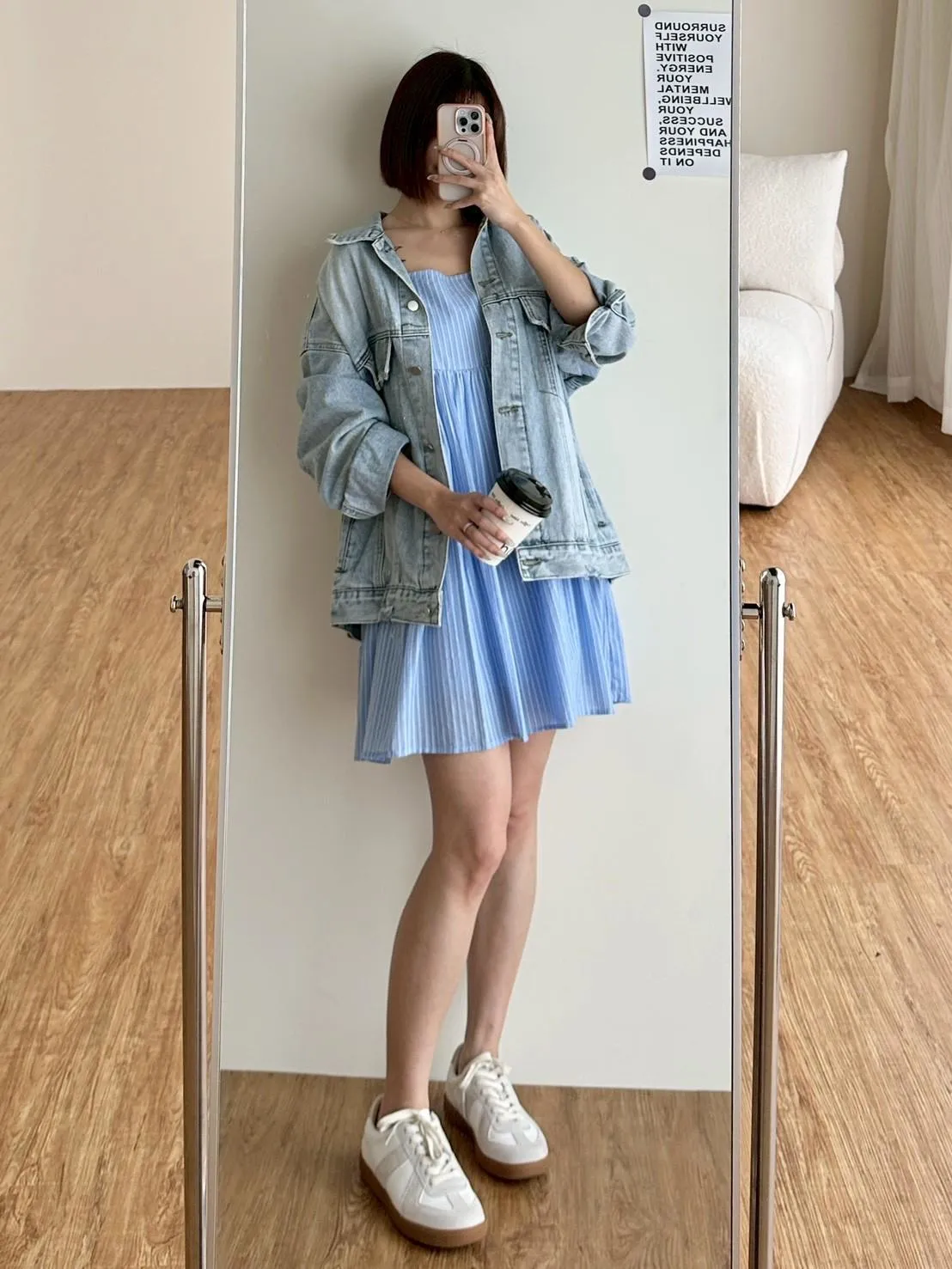 超美雙色直條短洋裝