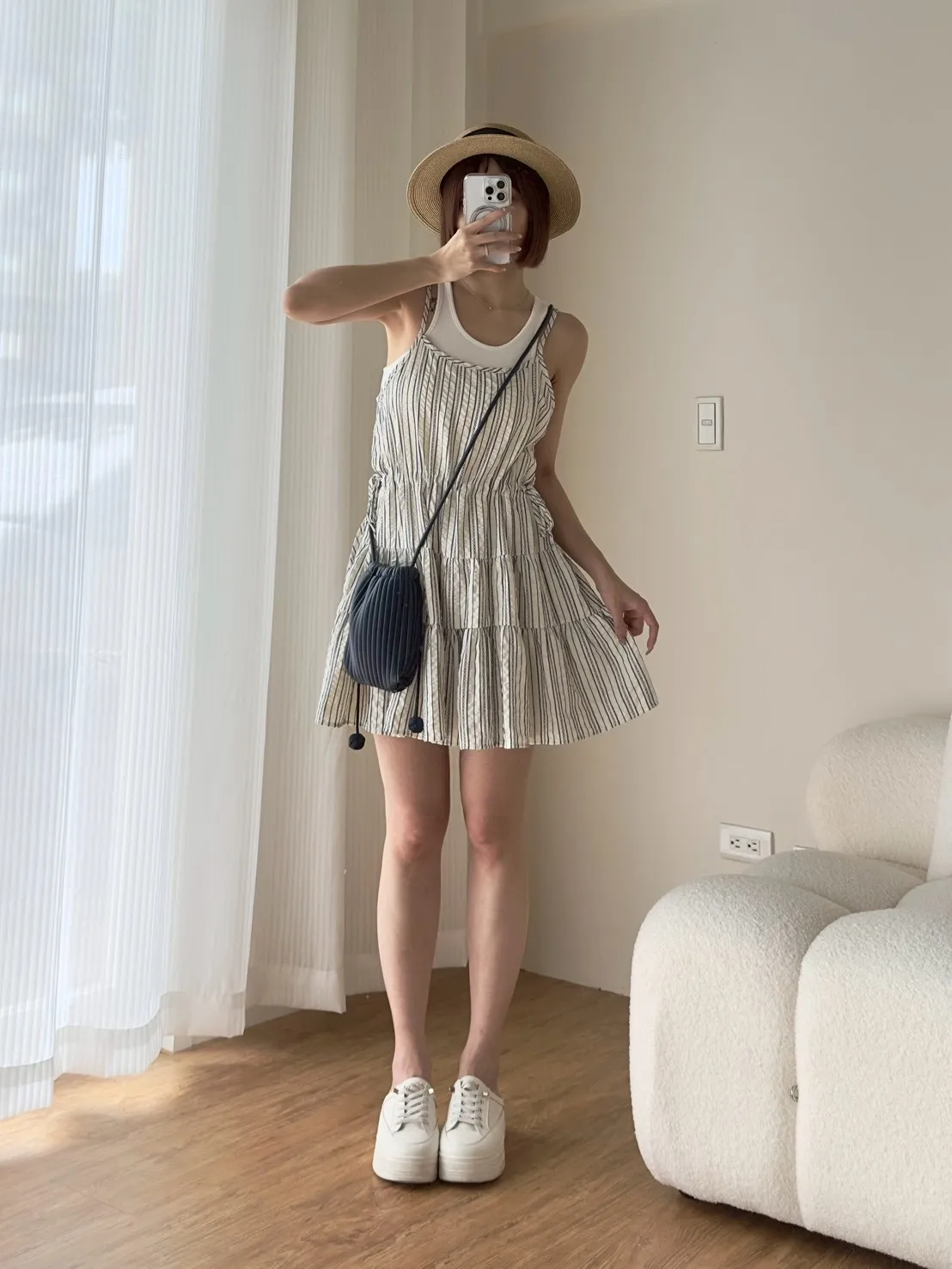 超美雙色直條短洋裝