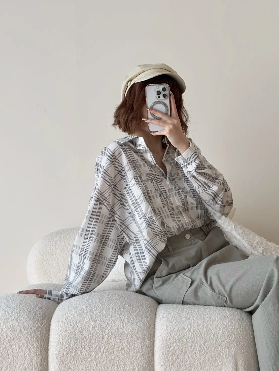雙V領後綁結格子襯衫