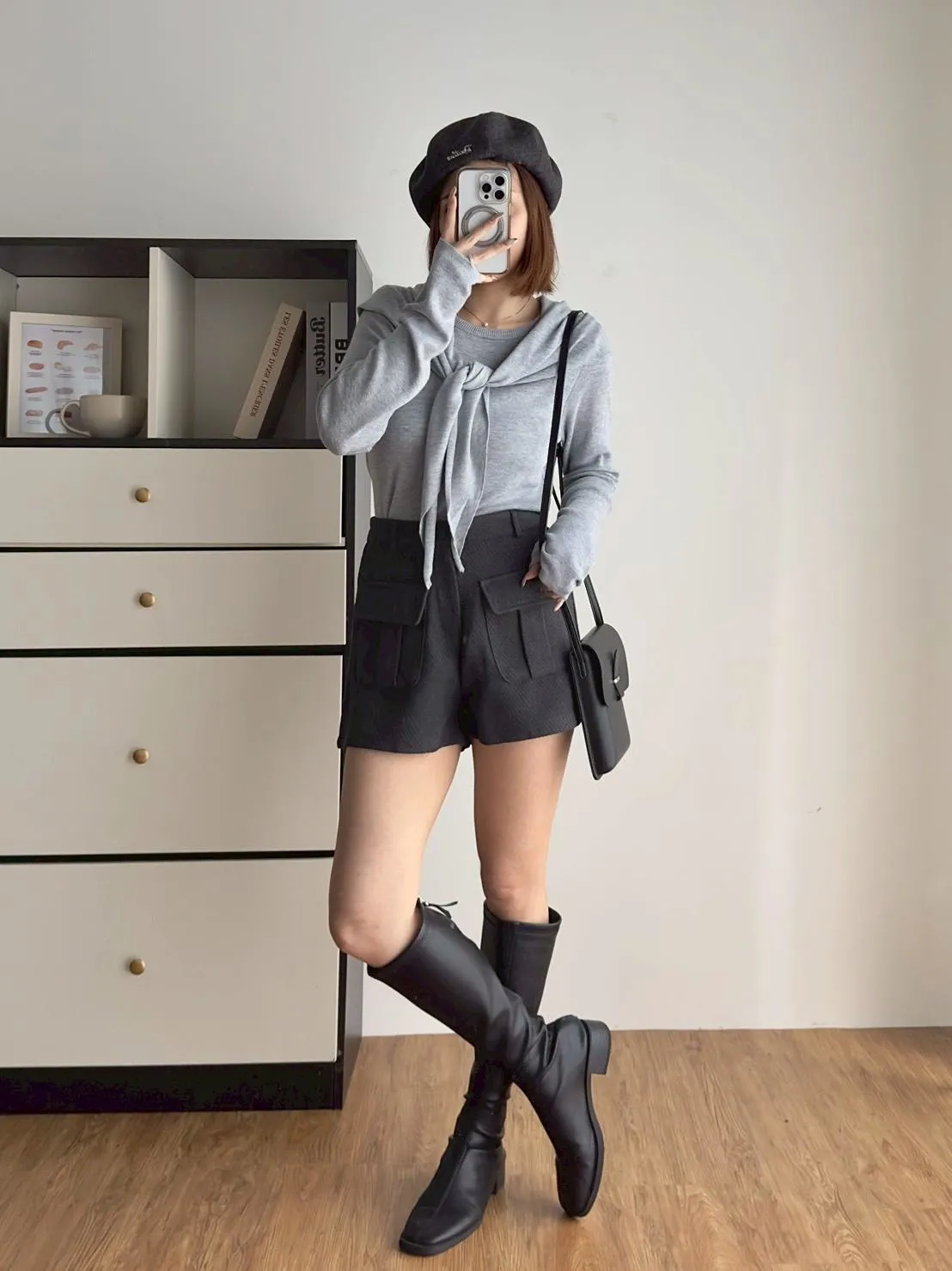 包釦立體口袋毛料短褲