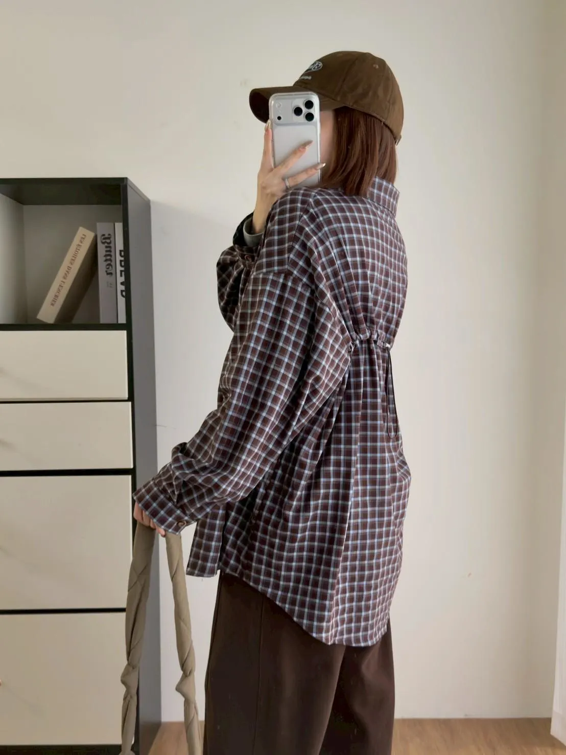 後抽繩雙色格子襯衫