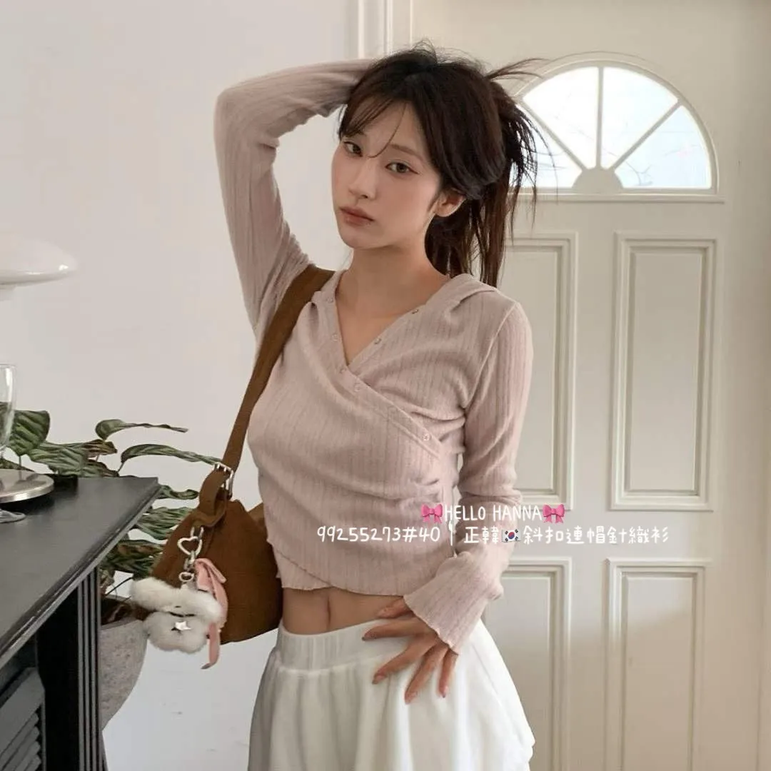 正韓斜扣連帽針織衫