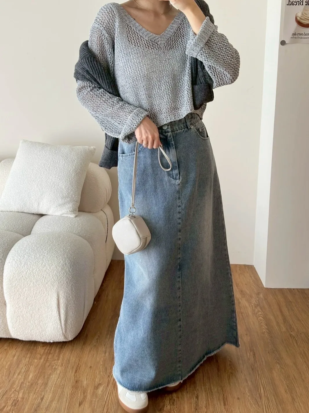 前刷色牛仔長裙
