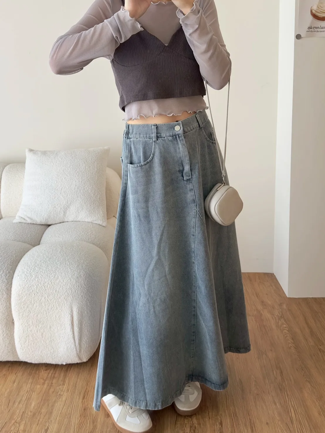 前工藝刷色牛仔長裙