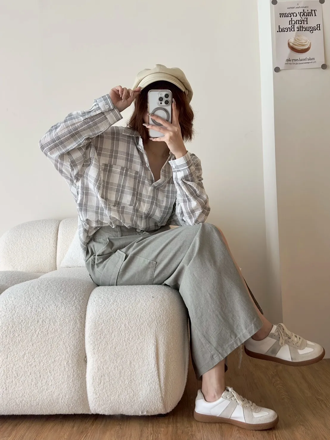 雙V領後綁結格子襯衫