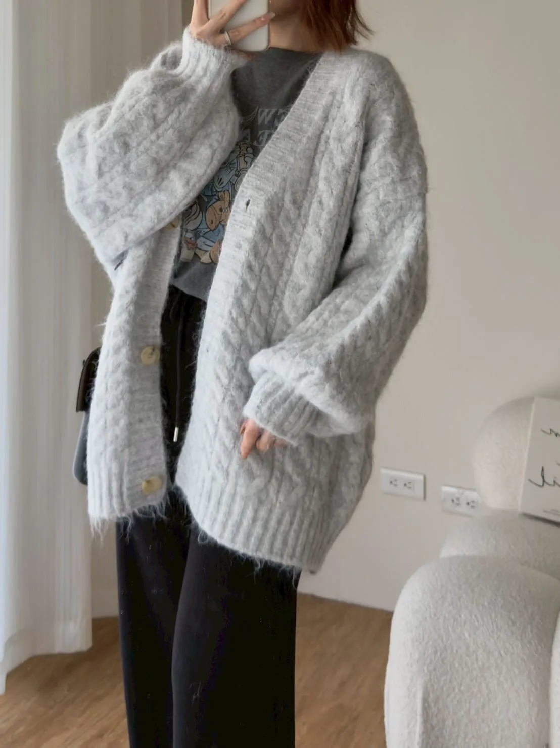 大版花苞袖麻花針織外套