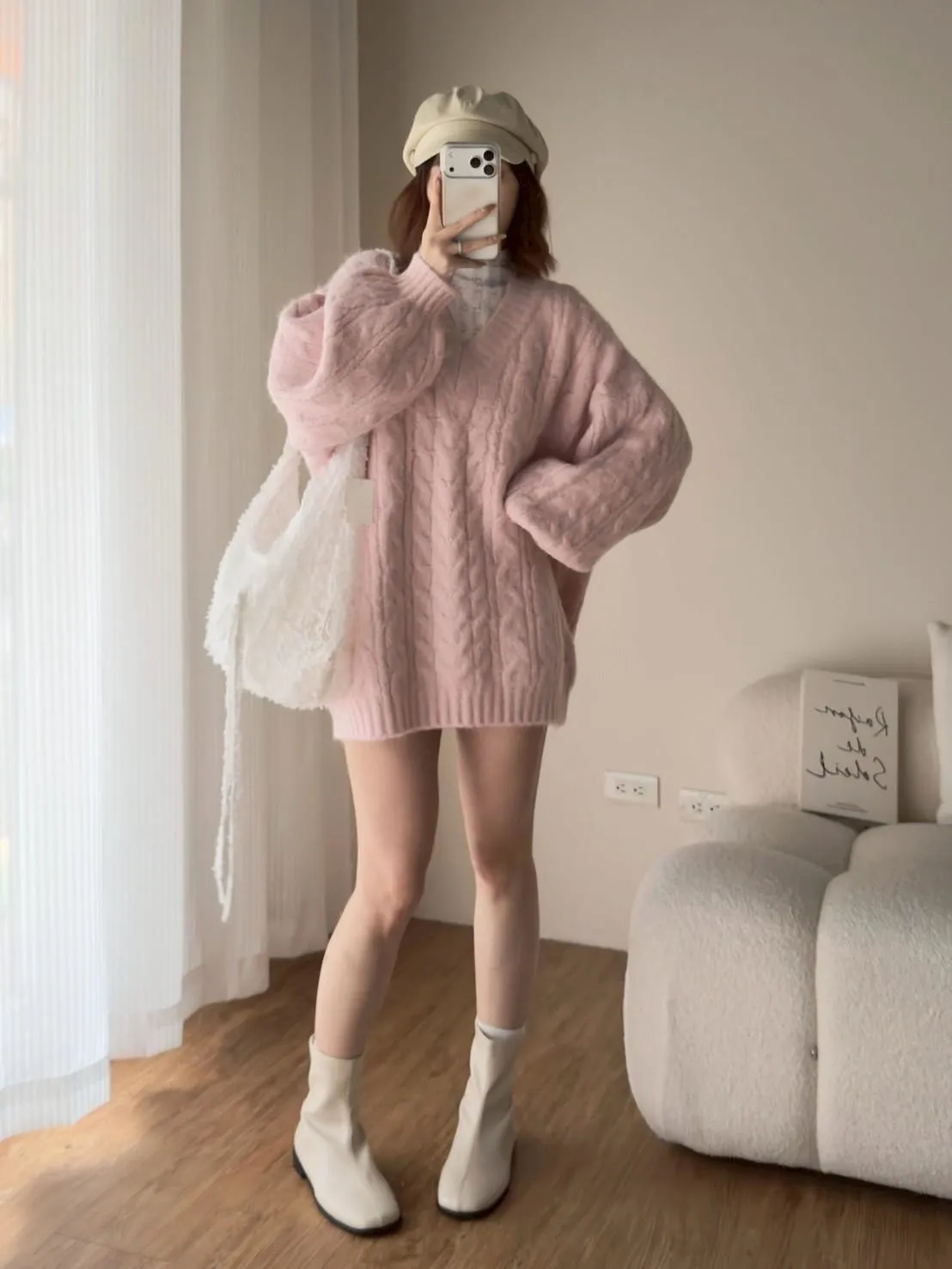 大版花苞袖V領麻花毛衣