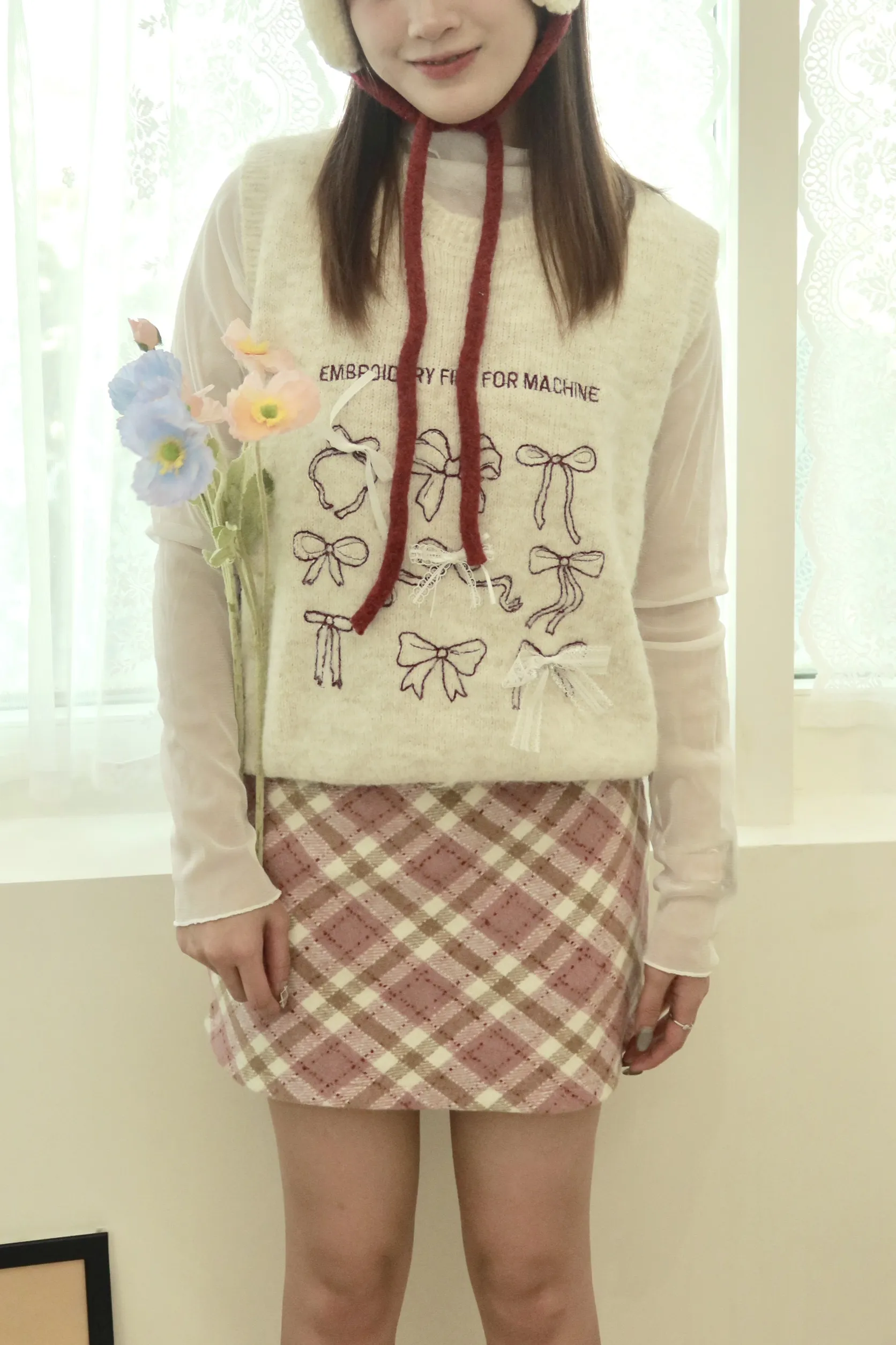 粉色甜辣毛呢格紋半身裙