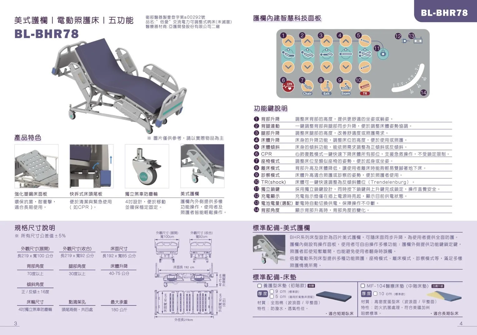 美式護欄｜電動照護床｜三功能