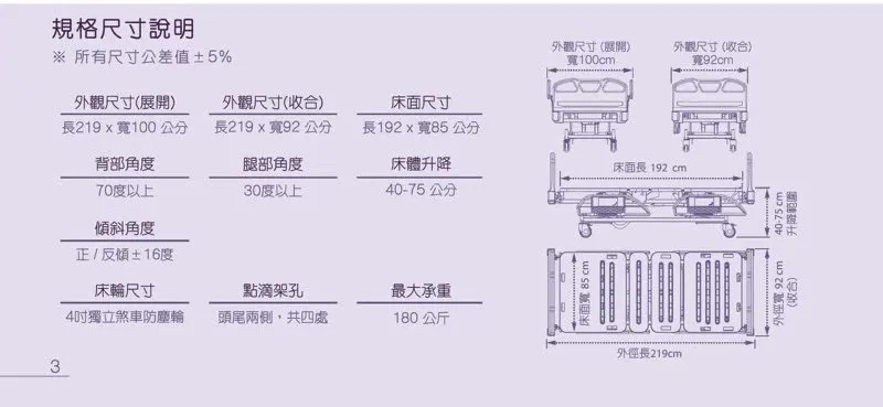 美式護欄｜電動照護床｜三功能