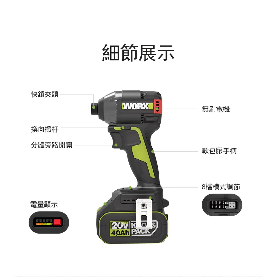 WU291D 8段智能無刷電動衝擊起子機20V 電動工具 高轉速/扭力 居家 水電 金屬 工程 水泥 WORX 威克士