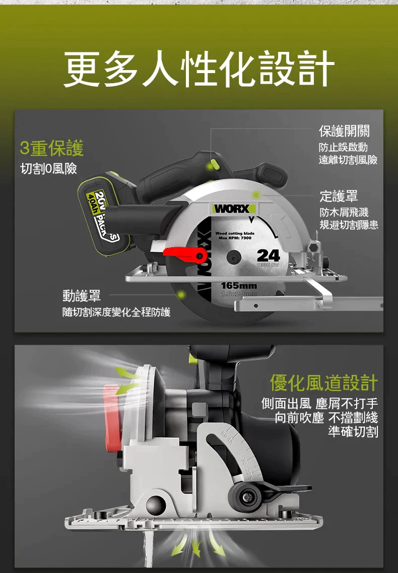 WU536無刷鋰電圓鋸機 20V 165mm 木工用 水電 可調整角度 木頭 電鋸 金屬 木工必備 照明 WORX威克士