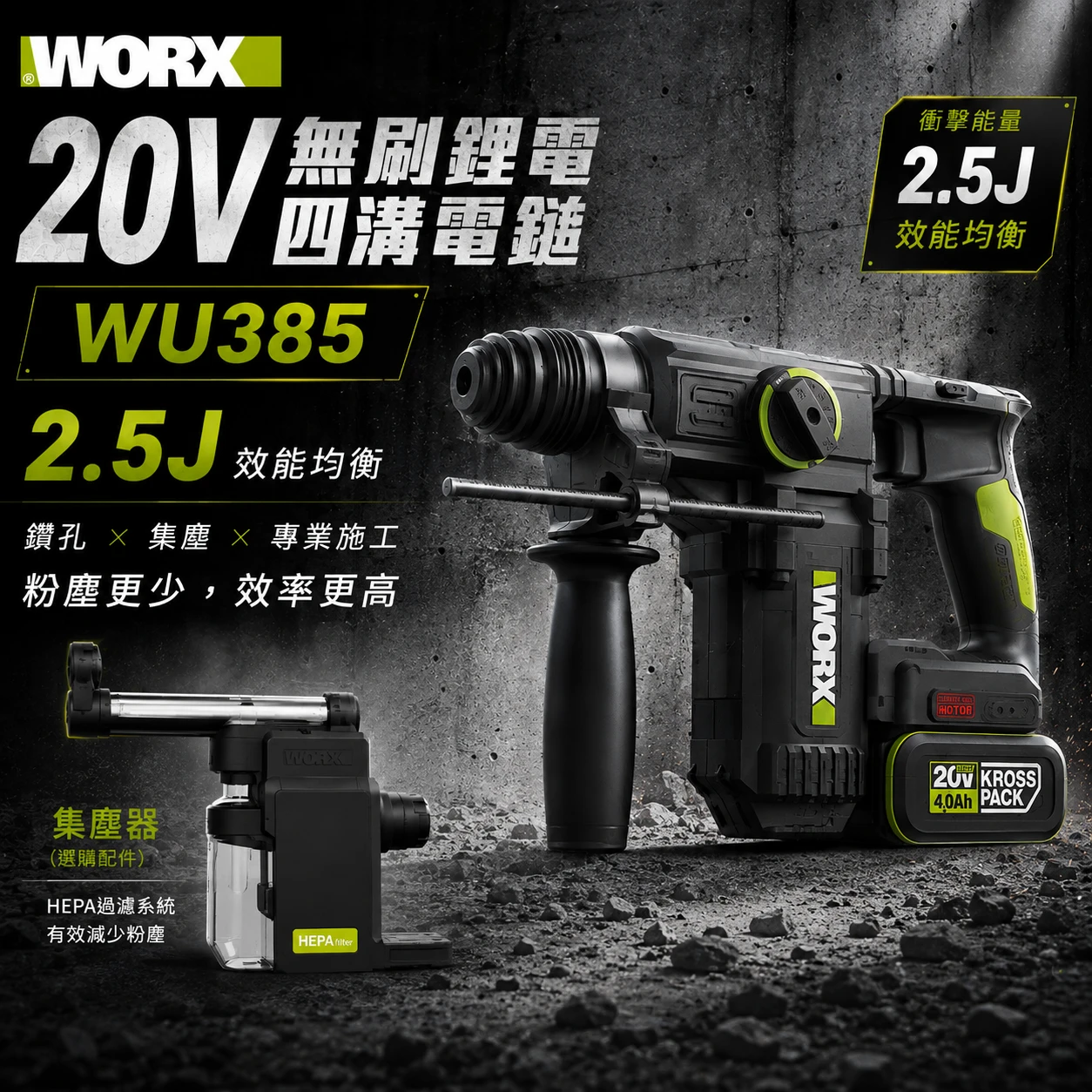 WORX 威克士 WU384 WU385 WU391 20V四溝電鎚 電鑽 鎚鑽 集塵 三用鎚鑽 HEPA過濾 磁磚脈衝