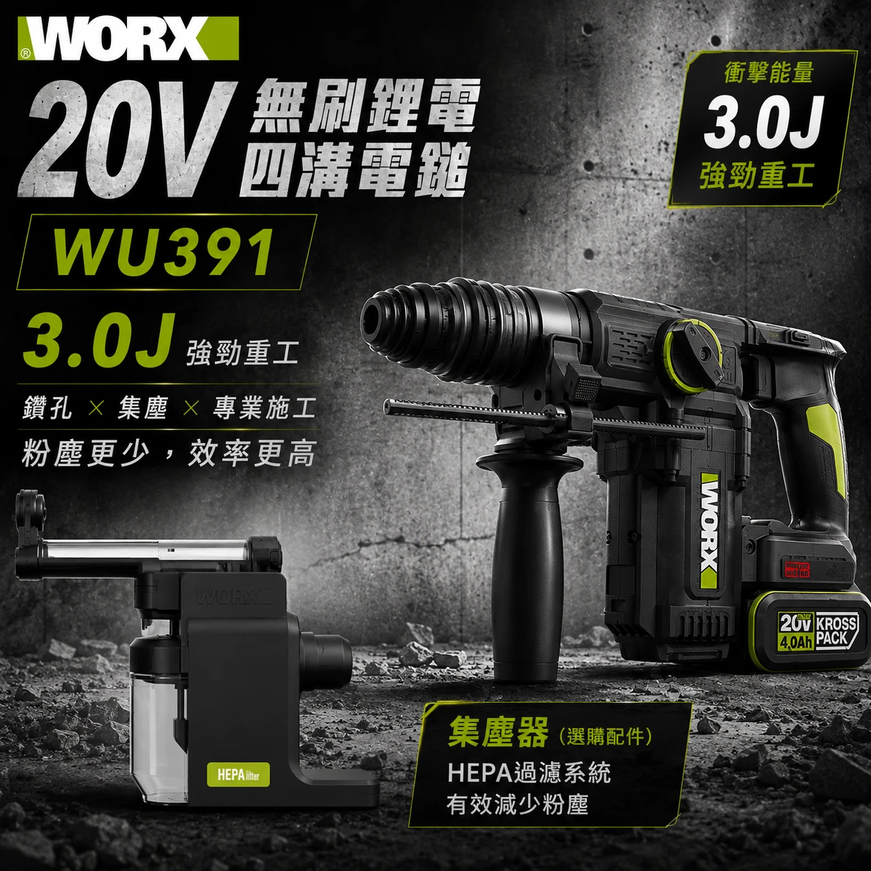 WORX 威克士 WU384 WU385 WU391 20V四溝電鎚 電鑽 鎚鑽 集塵 三用鎚鑽 HEPA過濾 磁磚脈衝
