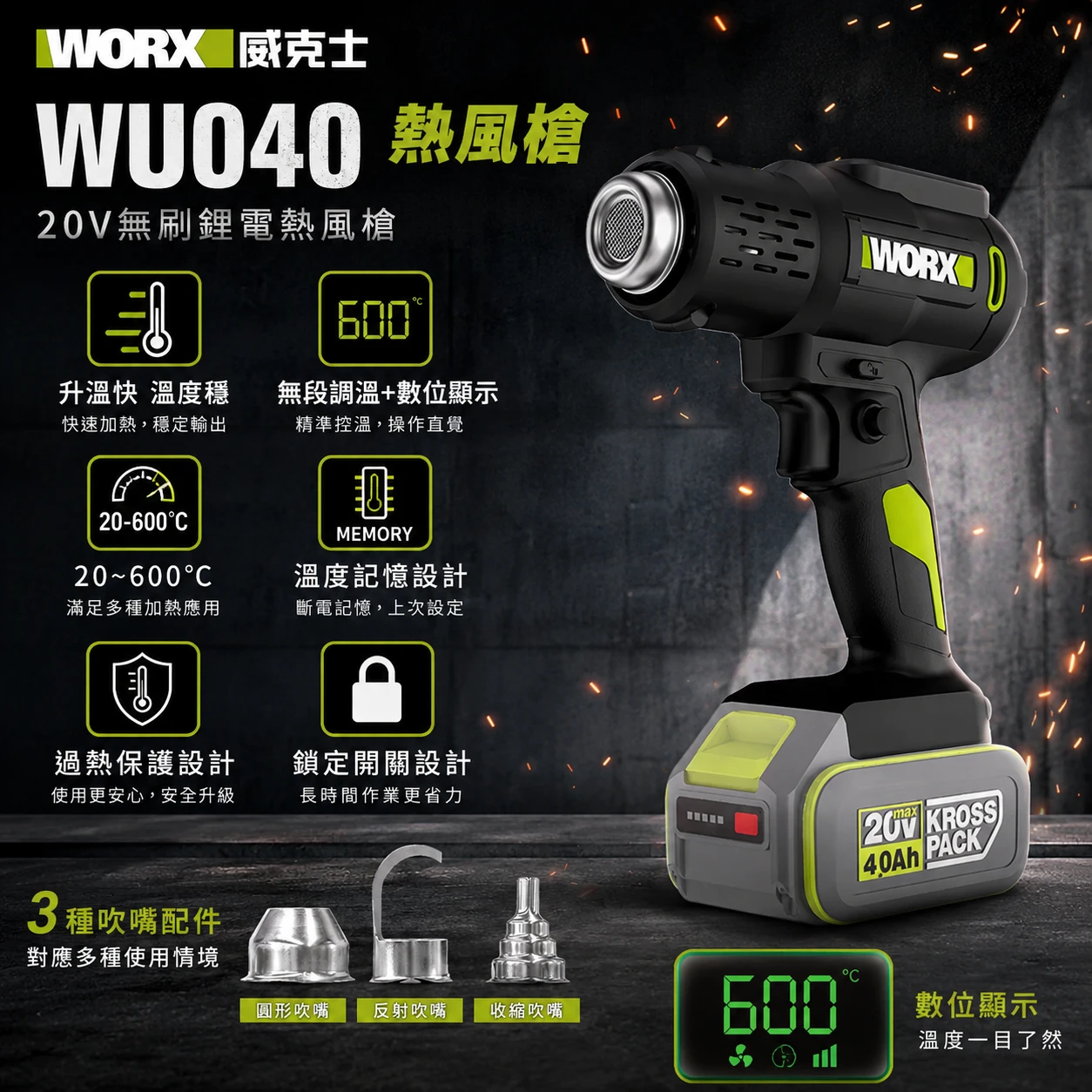 WORX 威克士 WU040 無線熱風槍 熱風機 數顯調溫 無段調溫 20V 熱縮 加熱 除膠 除漆 公司貨 保固一年