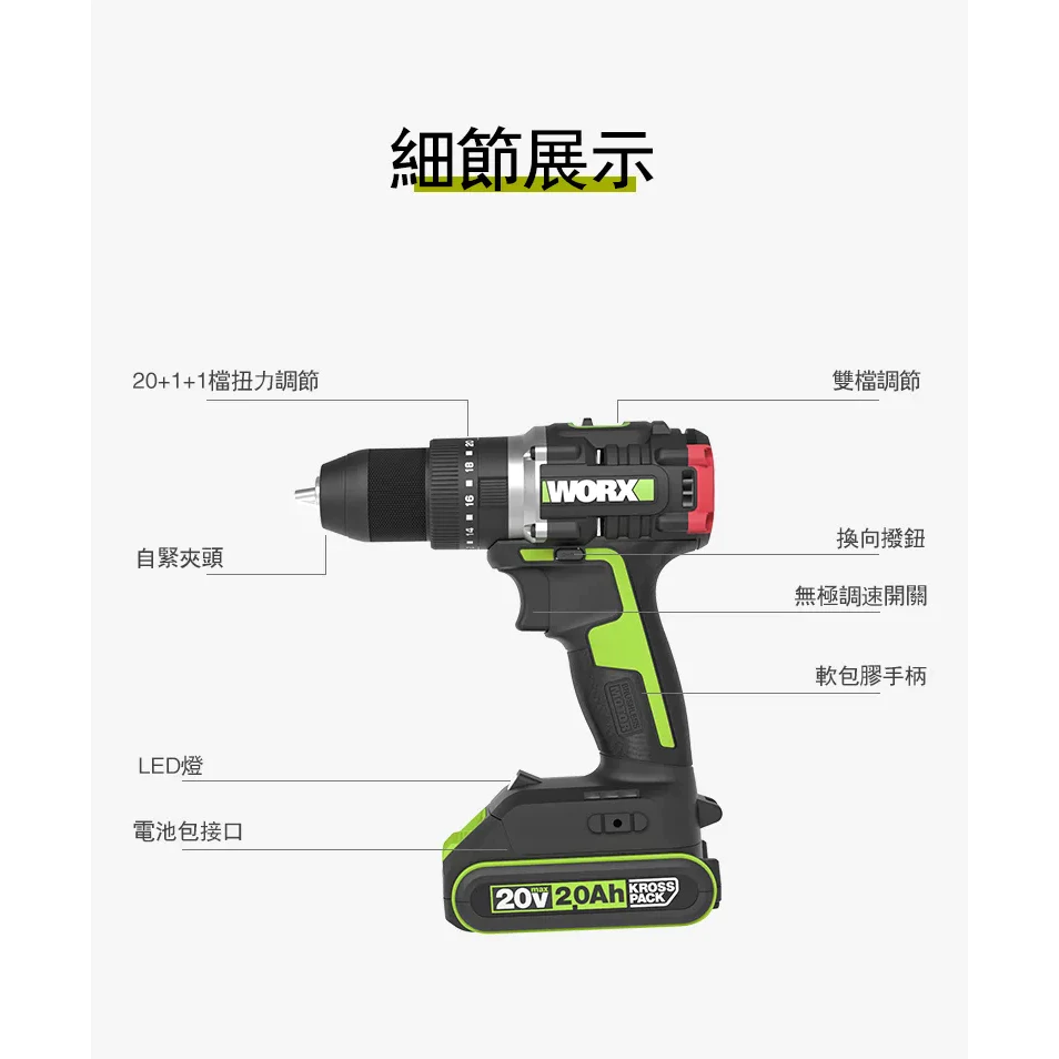 WU369無刷鋰電震動衝擊鑽20V 13mm 60N.m水電 電鑽 木工 金屬 水泥 木頭 鑽牆 夾頭 WORX 威克士