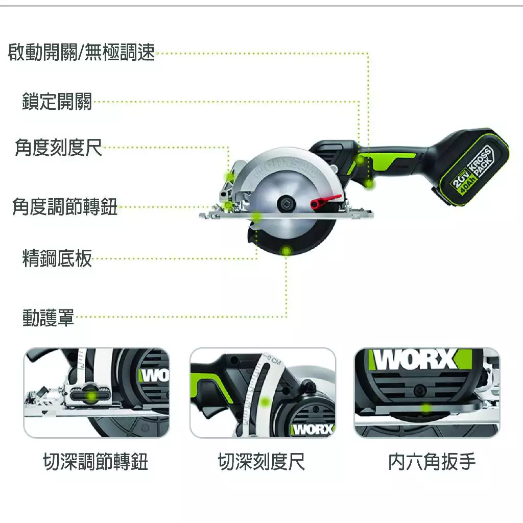 WU533 無刷鋰電圓鋸機20V 120mm 木工用 水電 可調整角度 木頭 金屬 木工必備 電鋸 照明 WORX威克士